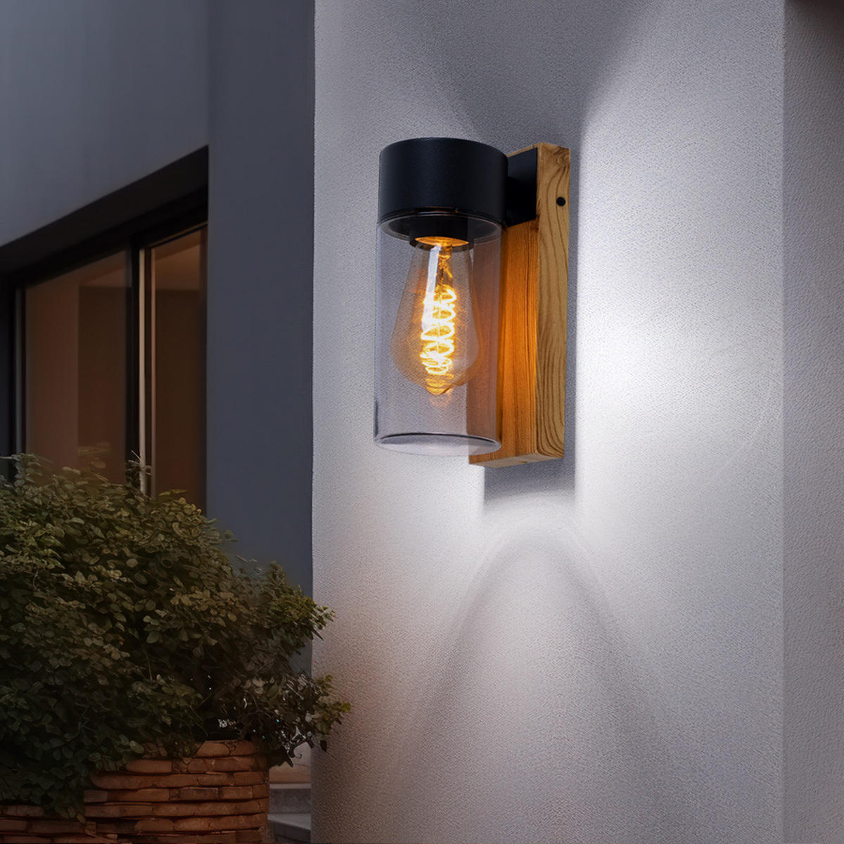 LED AUSSEN-WANDLEUCHTE Edelstahl Schwarz Holzoptik - Schwarz, Glas (9/22.5/12.4cm) - Globo Lighting