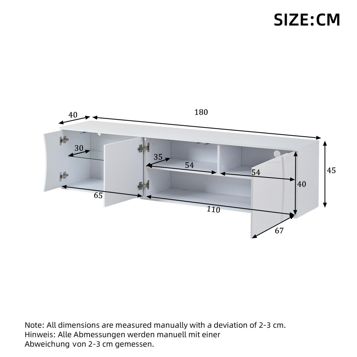 LOWBOARD in Weiß mit LED-Beleuchtung für Wohnzimmer, B180/T40/H45cm - Weiß, Glas/Holzwerkstoff (180/45/40cm) - STILVORA