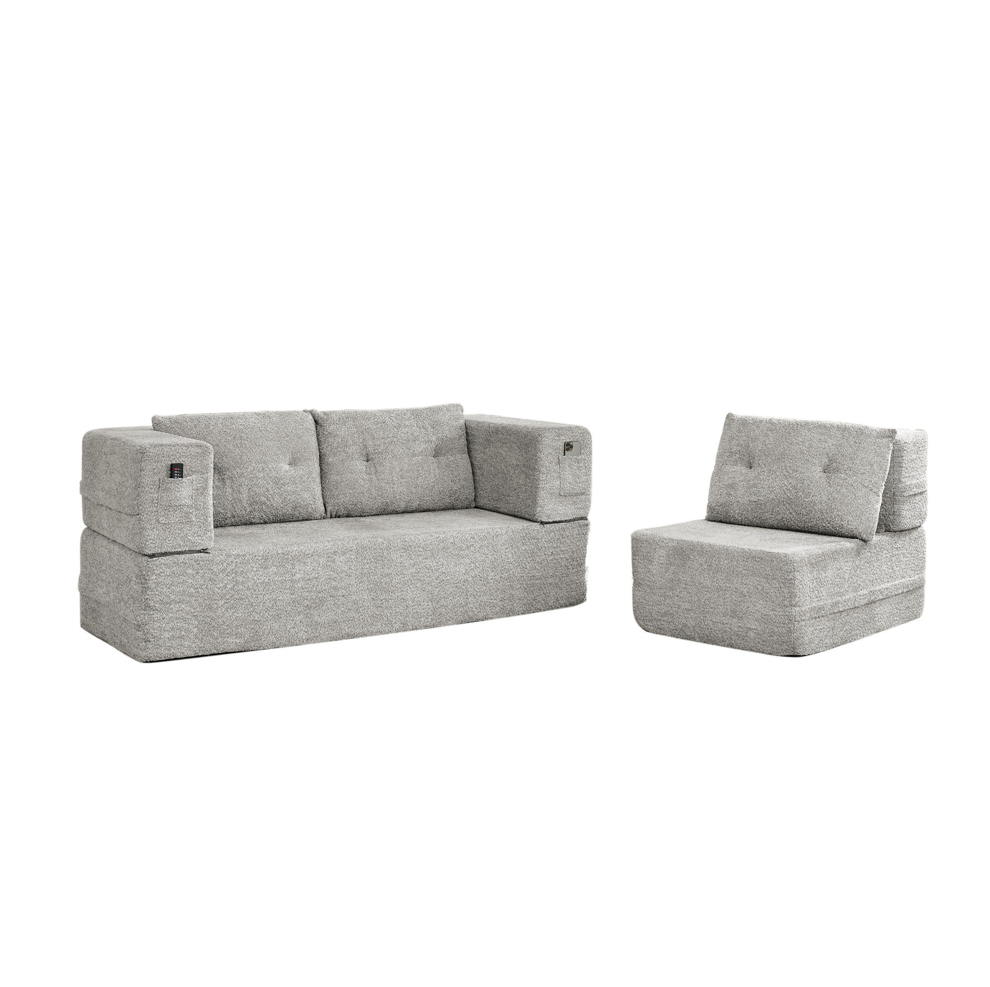 SCHLAFSOFA klappbar als 2-in-1 Modulsystem mit Sessel, Memory-Schaum und Seitentaschen, Hellgrau - Hellgrau, Textil (199/39/194cm) - Redom