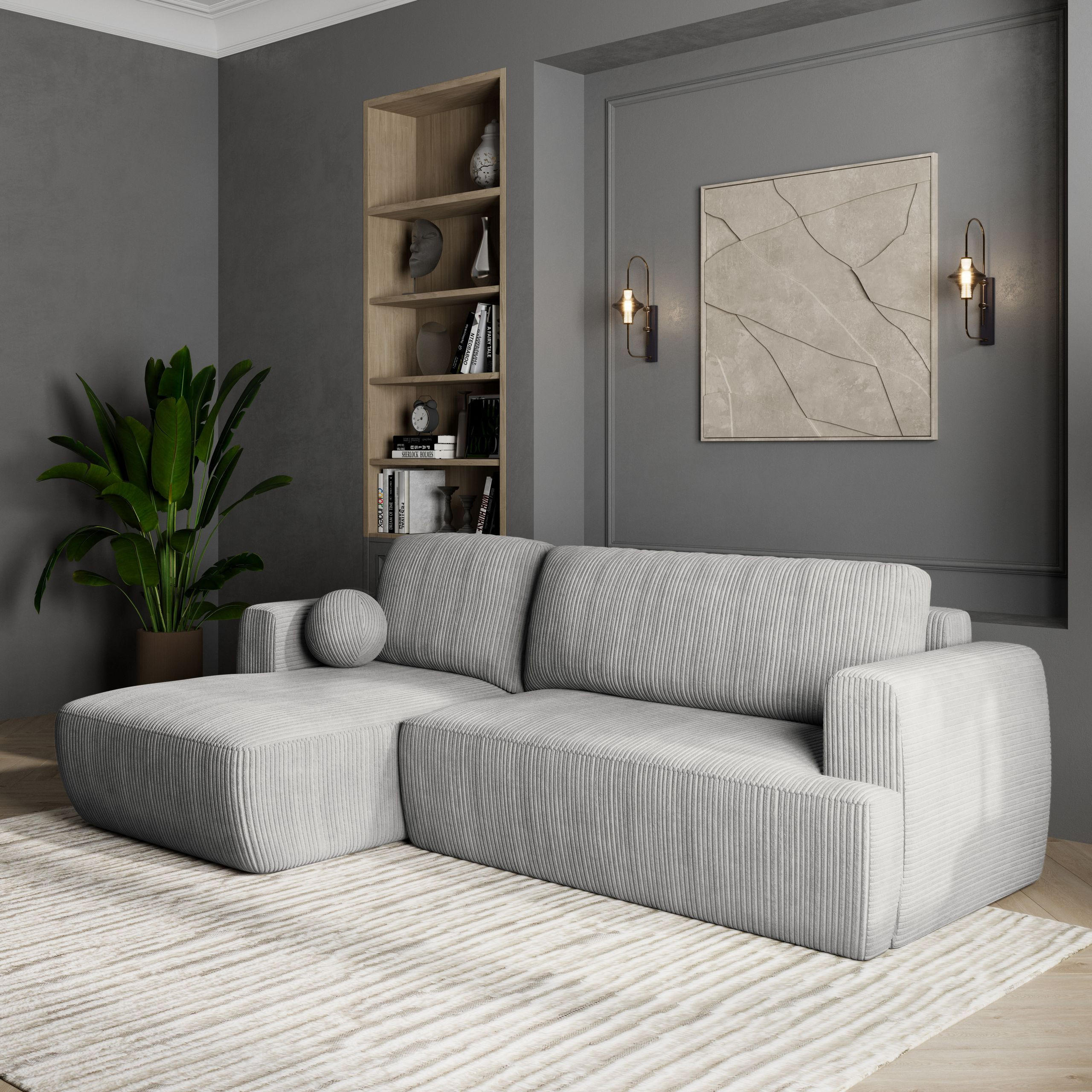 ECKSOFA SENTI P L-S Hellgrau Kordstoff mit Schlaffunktion - Hellgrau, Holz (246/148cm) - MASSENO
