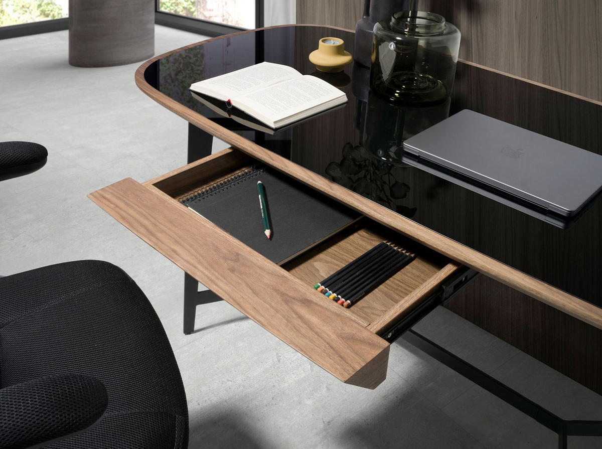 SCHREIBTISCH Schreibtisch Nussbaum und schwarzem Stahl mit schwarzer Glasplatte 140/72/76 cm - Walnussfarben/Schwarz, Holz/Metall (72/140/76cm) - ANGEL CERDA