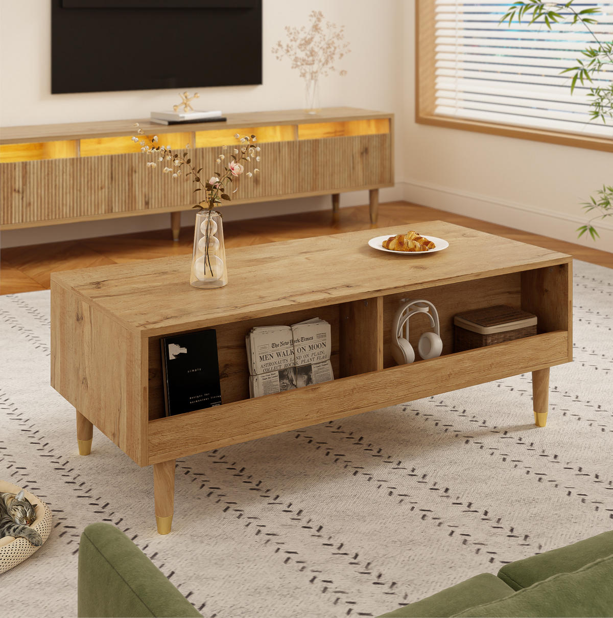 COUCHTISCH 110/50/40 cm mit 2 Schubladen und LED-Beleuchtung, Wellenfront und Acryl-Details, Holzfarben - Naturfarben, Holzwerkstoff (110/50/40cm) - Redom