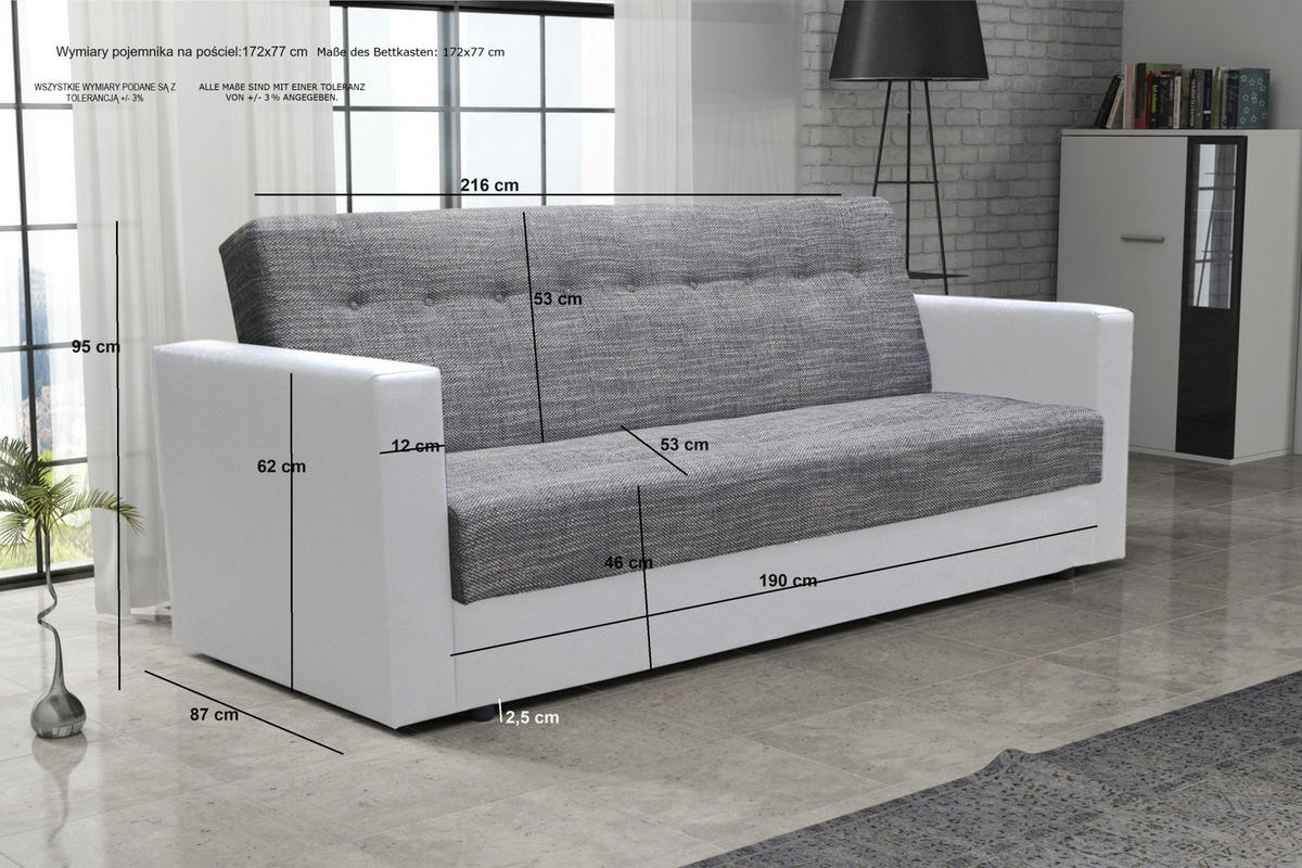 SOFA WIND mit Schlaffunktion KORNET10+DOLARO4 mit Stauraum - Grau, Textil (87/95/216cm) - Bedante