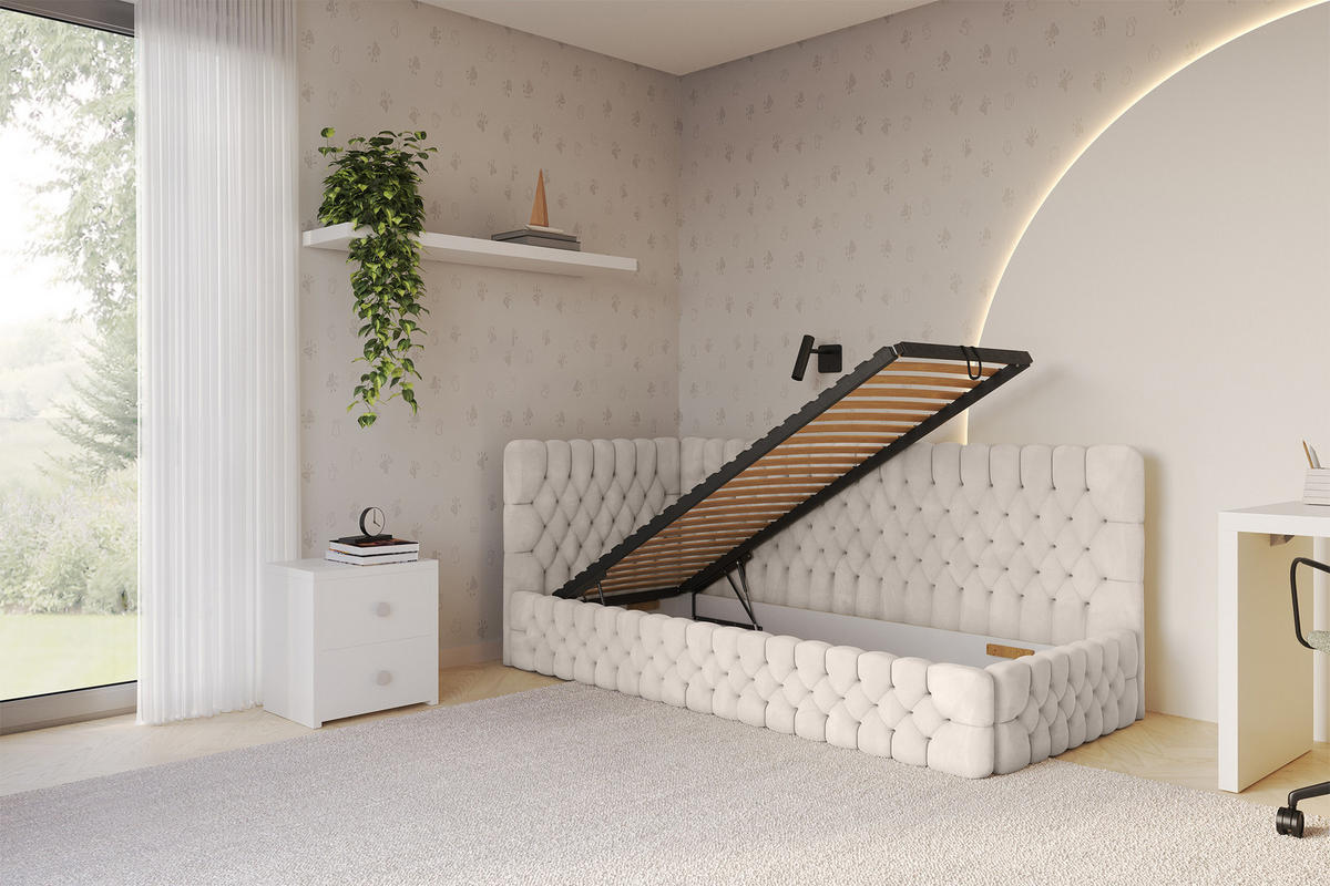 EINZELLBETT Jugendbett mit Bettkasten und Matratze H3/H4, Rechts - MULY 100x200 Beige - Sandfarben, Holzwerkstoff/Textil (100/200cm) - ALTDECOR