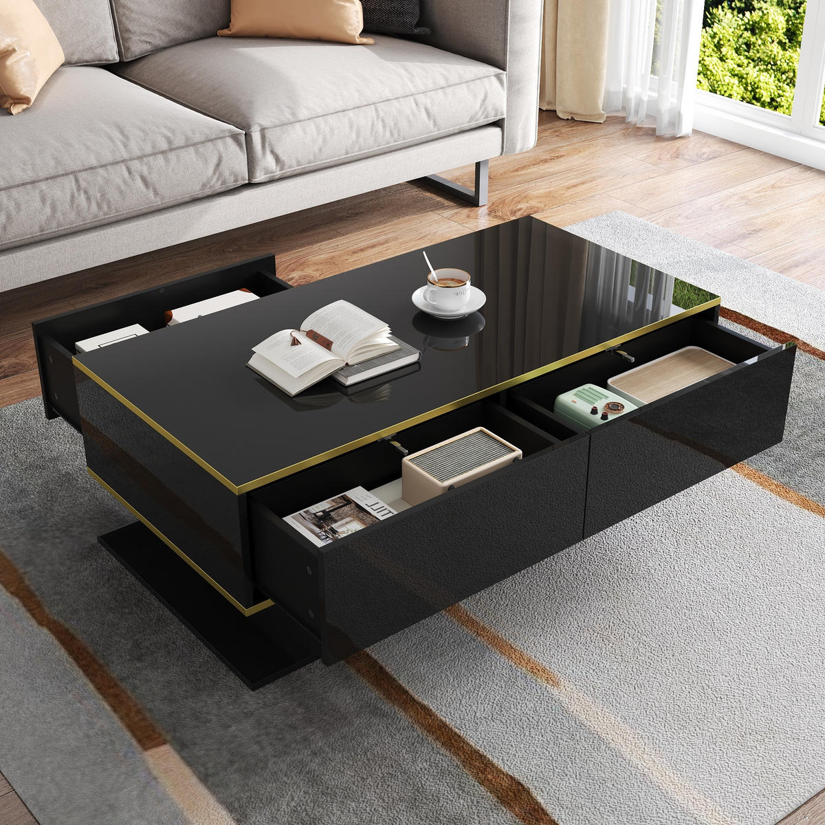 COUCHTISCH 100cm LED Hochglanz Gold 3 Schubladen modern - Schwarz, Holzwerkstoff (100/50/40cm) - FLIEKS