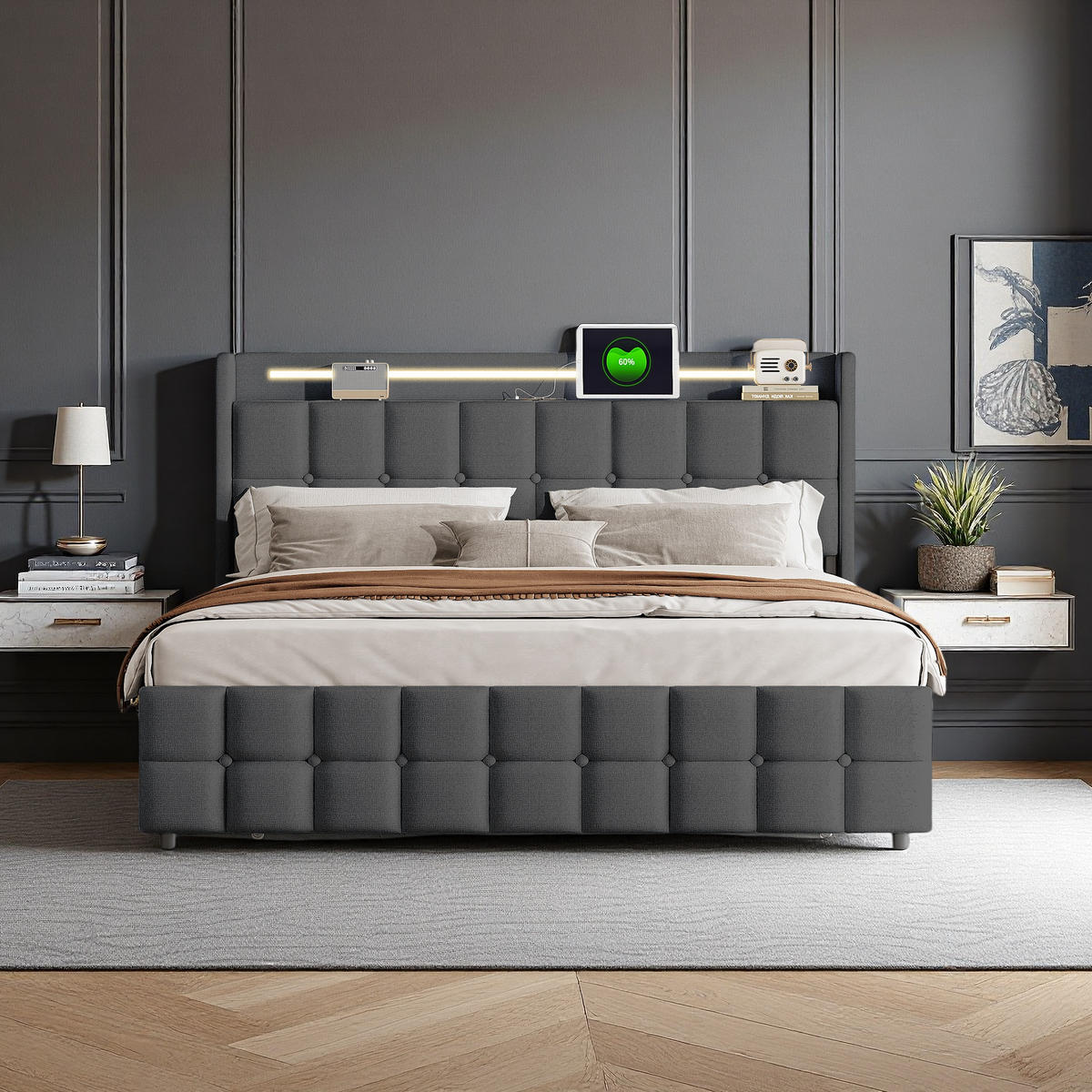 BETT 160x200 cm Polsterbett dunkelgrau mit Stauraum, RGB LED, USB & Lattenrost in Leinenoptik - Grau, Metall (160/200cm) - SHOPENTRA