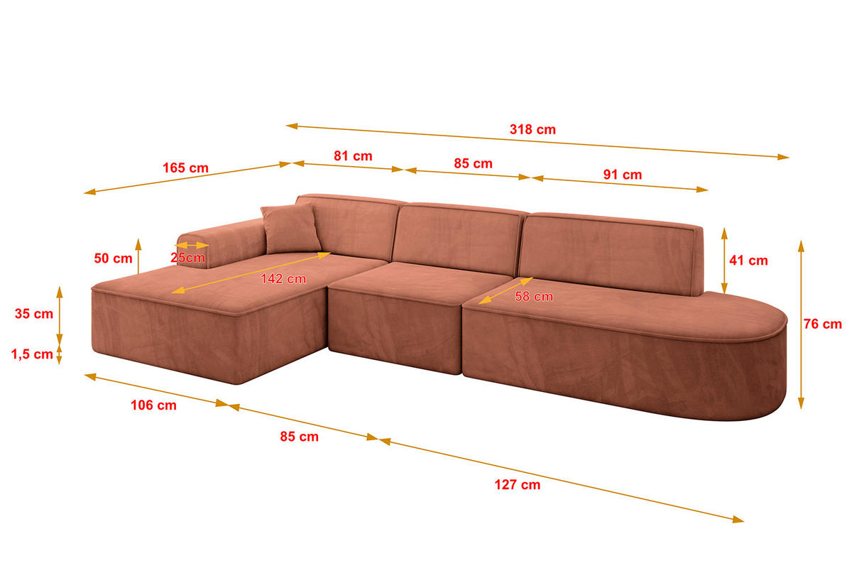 ECKSOFA Ottomane Links IREA-L2-v3 - 318x165x76 cm Apricot - Koralle, Holzwerkstoff/Textil (318/165cm) - ALTDECOR