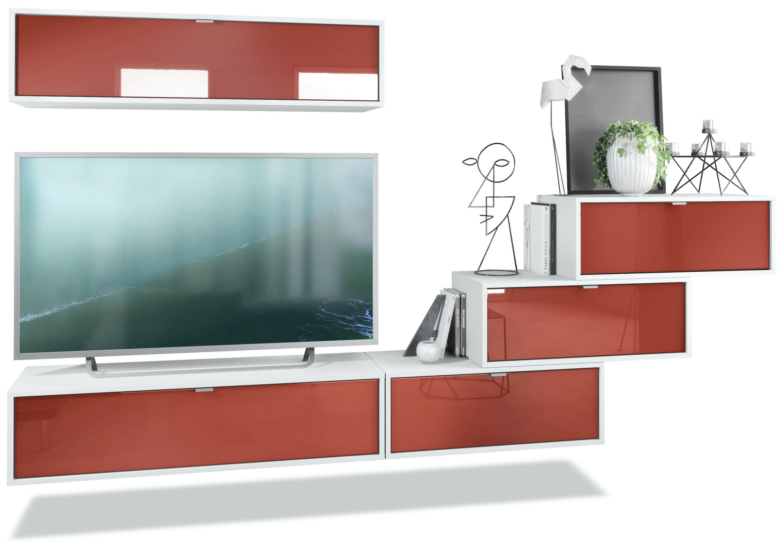 WOHNWAND Lana Fronten in Bordeaux Hochglanz - Bordeaux, Holzwerkstoff (275/180/37cm) - Vladon