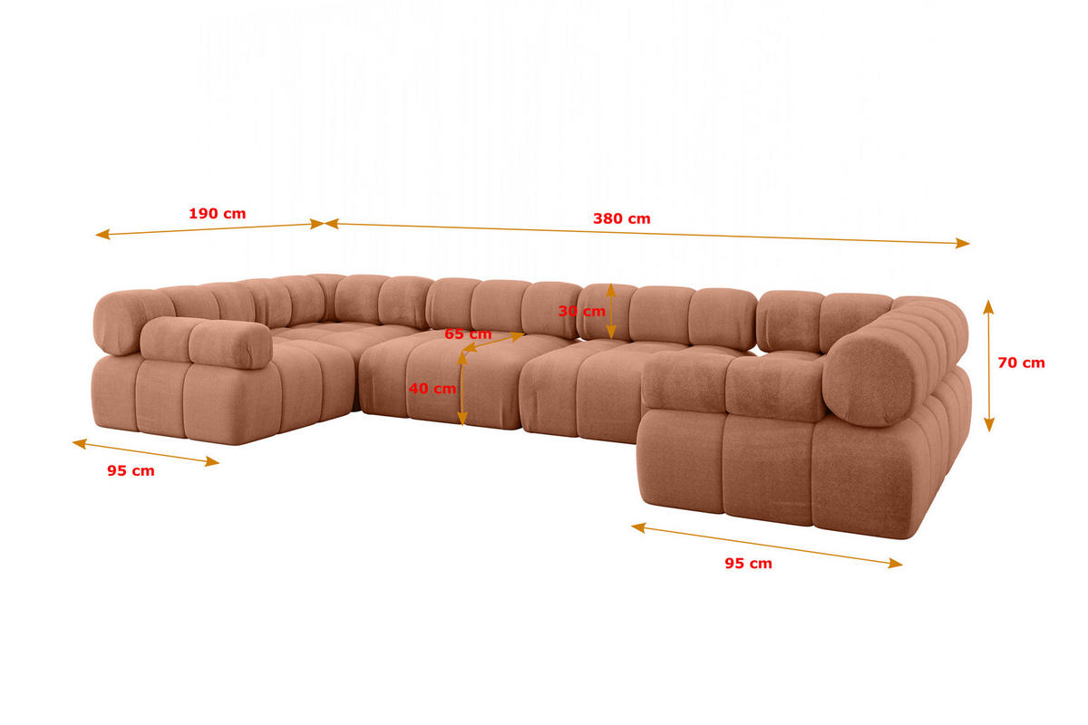 WOHNLANDSCHAFT modulares Sofa Birno-U2 - 380x190x70 cm Apricot Velours - Koralle, Holzwerkstoff/Textil (380/70/190cm) - ALTDECOR