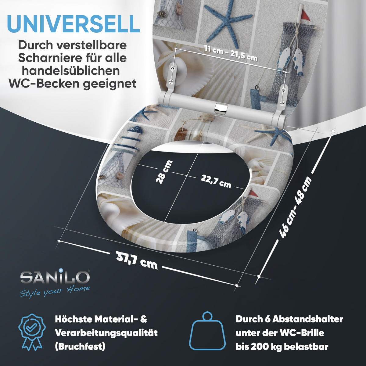 WC-SITZ mit Absenkautomatik & Top Fix Meeresbrise - Blau, Holzwerkstoff (37.7/5.5/48cm) - Sanilo