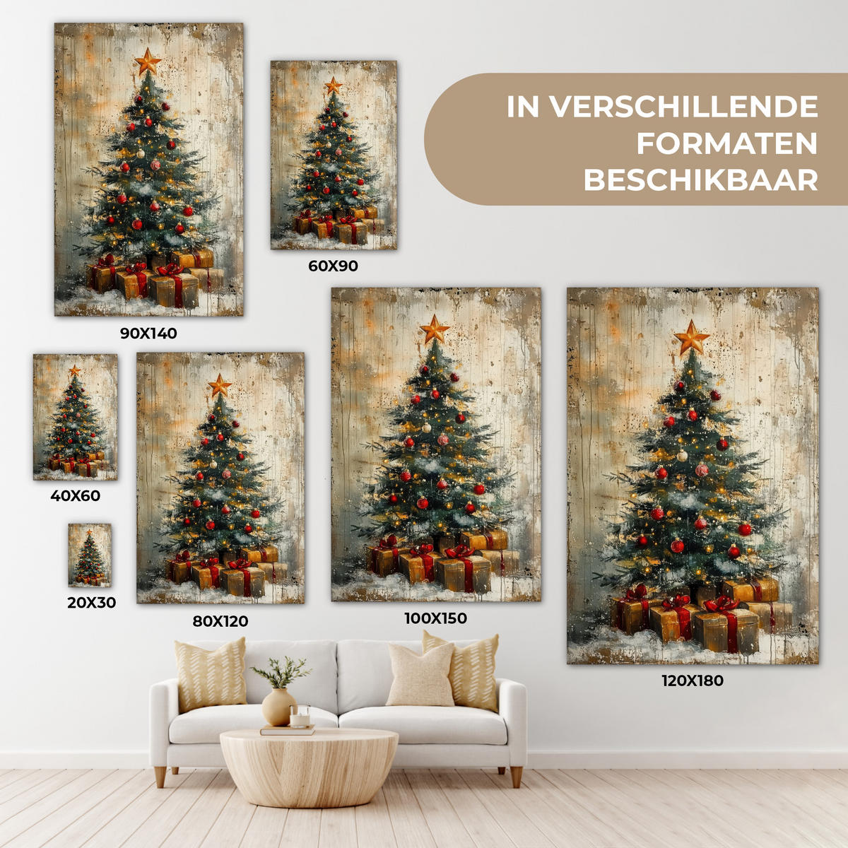 LEINWANDBILD Weihnachtsbaum - Vintage - Weihnachten - Geschenk Wanddeko Schlafzimmer 60x90 cm - Rostfarben, Textil (60/90cm) - MuchoWow