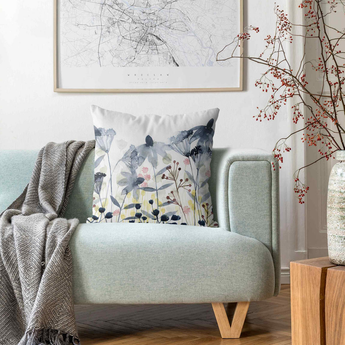 DEKOKISSEN Wildblumen Aquarell II 40/40 cm - Petrol, Textil (40/40/10cm) - Bilderwelten