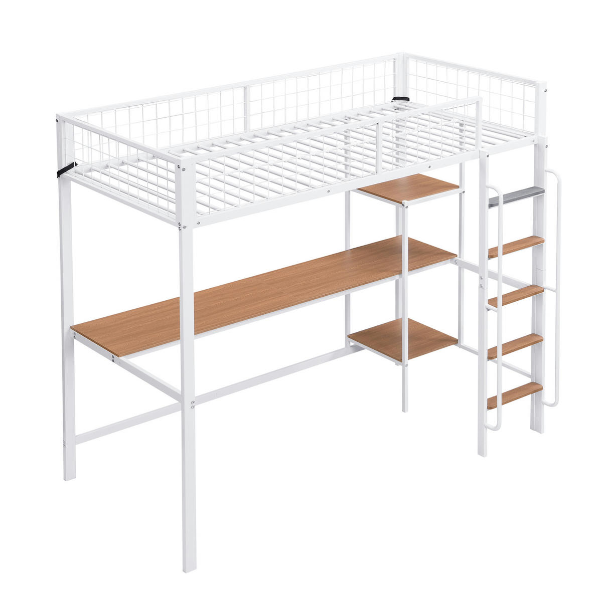 ETAGENBETT 90/200 cm weiß aus Metall mit Tisch und Regalen - Weiß, Metall (90/200cm) - OKWISH