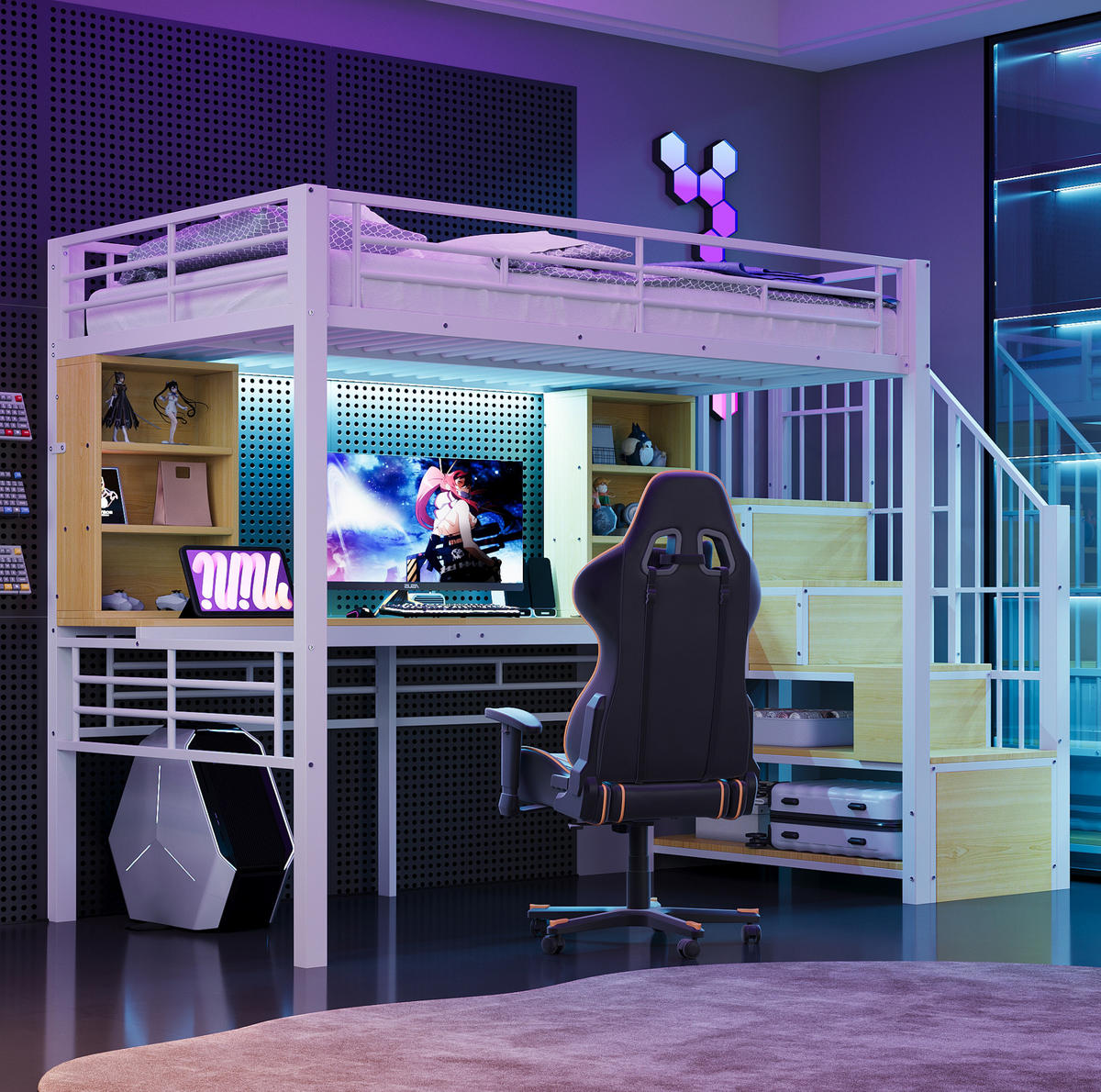 HOCHBETT 90/200 cm aus Metall und MDF mit Schreibtisch, LED und Stauraumtreppe, Weiß - Weiß, Holzwerkstoff (90/200cm) - Redom