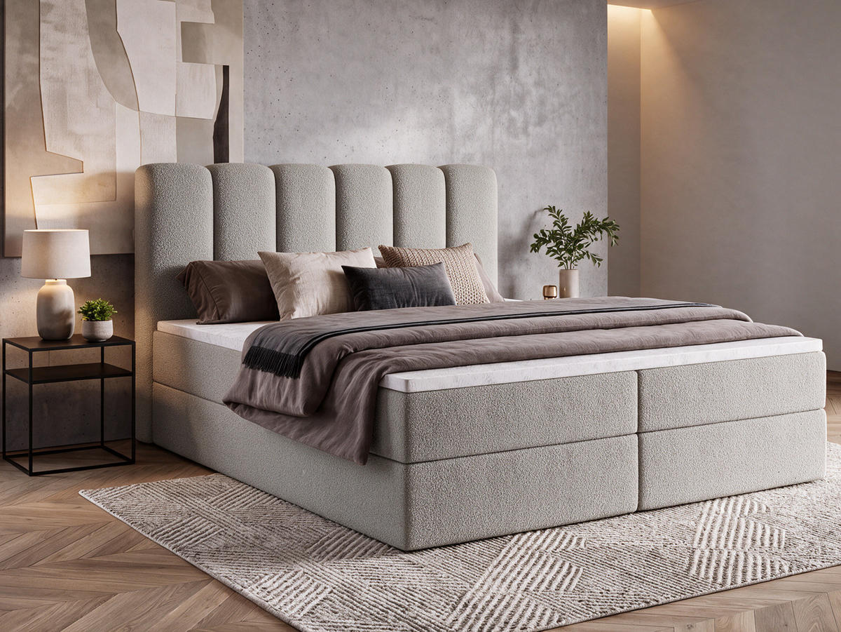 BOXBET NOLARO 160x200 cm Komplett-Set mit Bettkasten, Bonell-Matratze und Topper, Bouclé Hellgrau - Hellgrau, Textil (160/200cm) - Luxkor24
