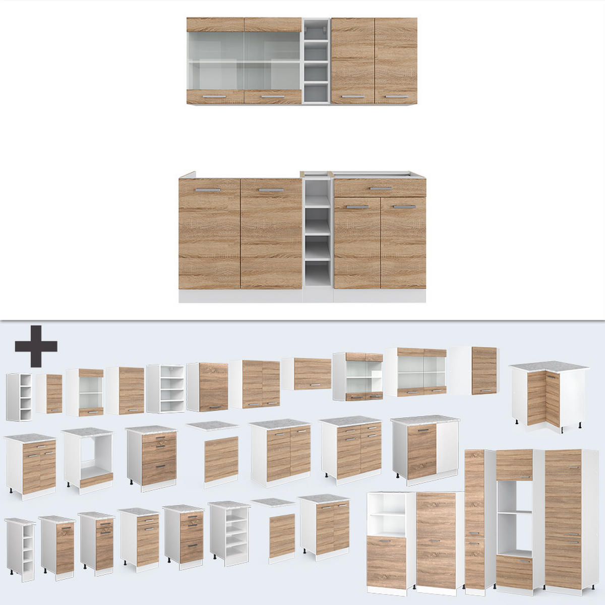 SINGLEKÜCHE R-Line Sonoma/Weiß 160 cm, AP Anthrazit - Weiß/Sonoma Eiche, Holzwerkstoff (160/81.6/60cm) - Vicco
