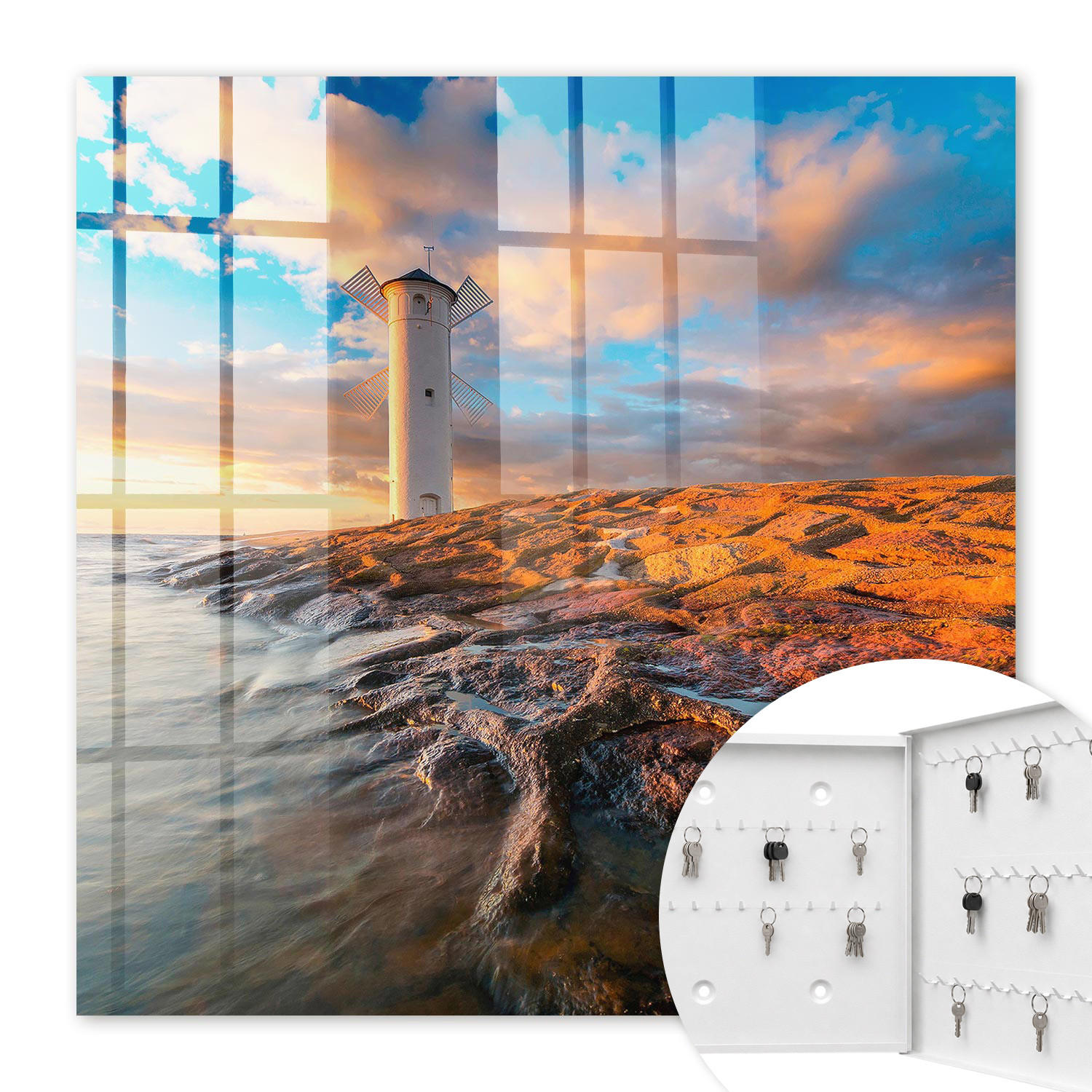 SCHLÜSSELBOX Weiß 30x30 cm – Türöffnung nach rechts - Leuchtturm - Blau, Metall (30/30/5cm) - TULUP