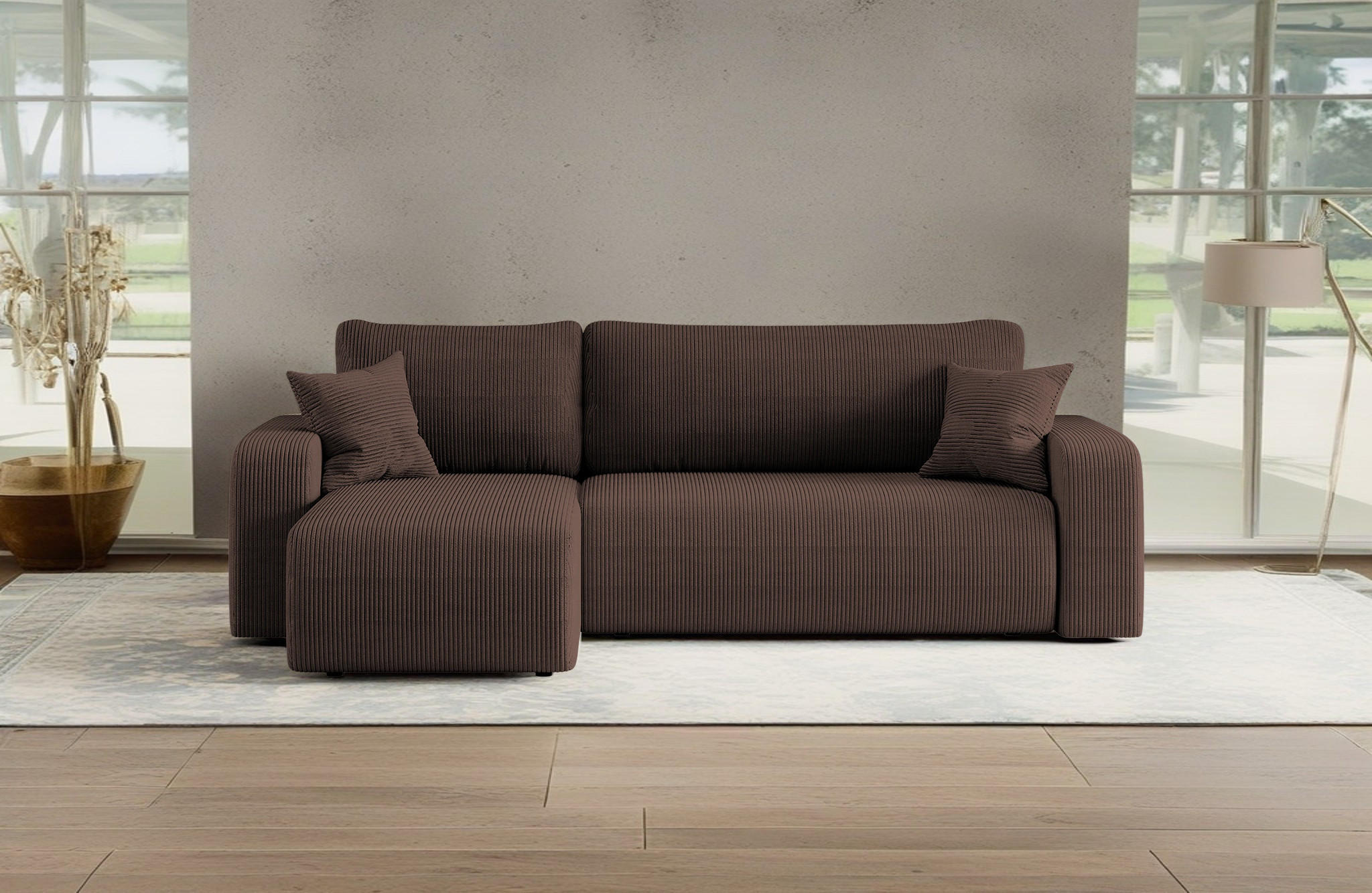 ECKSOFA L-FORM Schlaffunktion Und Bettkasten Eckcouch MILANO L Stoff Dicker Cord Braun Links - Braun, Holz/Textil (142/244cm) - Kaiser Möbel