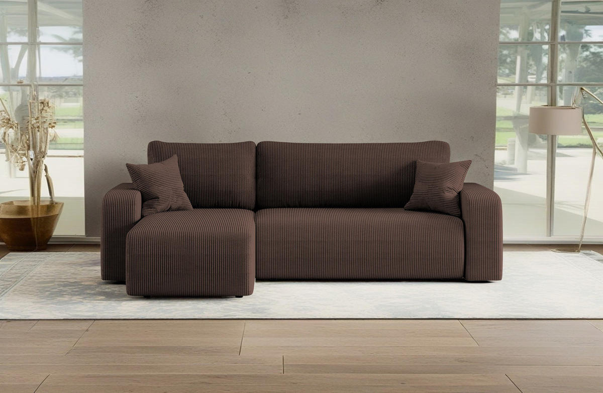 ECKSOFA L-FORM Schlaffunktion Und Bettkasten Eckcouch MILANO L Stoff Dicker Cord Braun Links - Braun, Holz/Textil (142/244cm) - Kaiser Möbel