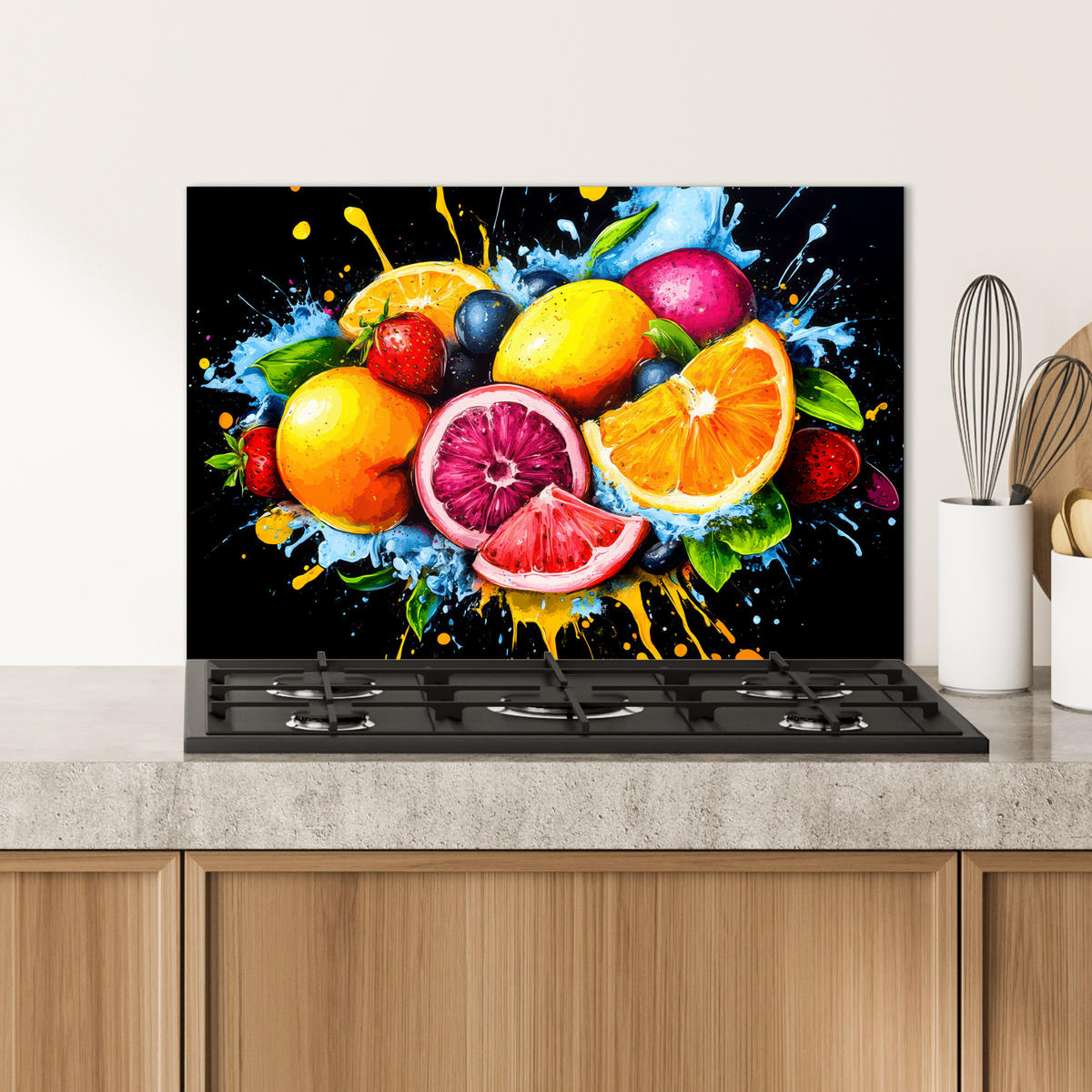 SPRITZSCHUTZ KÜCHE Obst - Graffiti - Bunt - Orange - Erdbeere - Abstrakt 70x50 cm - Orange, Metall (70/0.3/50cm) - MuchoWow