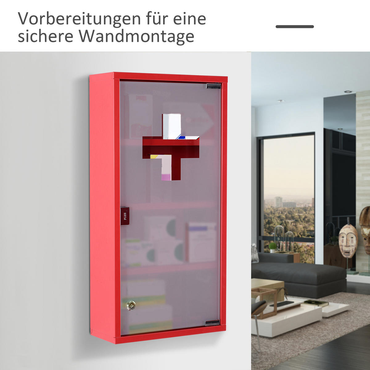METALL Medizinschrank Arzneischrank Ersthilfe Schrank 4 Fach Rot Drehtür - Rot, Glas/Metall (12/60/30cm) - HOMCOM