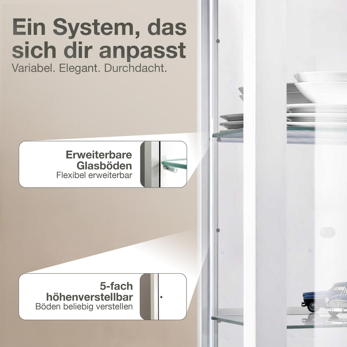 HÄNGEVITRINE 25/60/80 cm mit Spiegel, LED & 2 höhenverstellbaren Glasböden - Transparent/Silberfarben, Glas/Holzwerkstoff (60/80/25cm) - K-Möbel