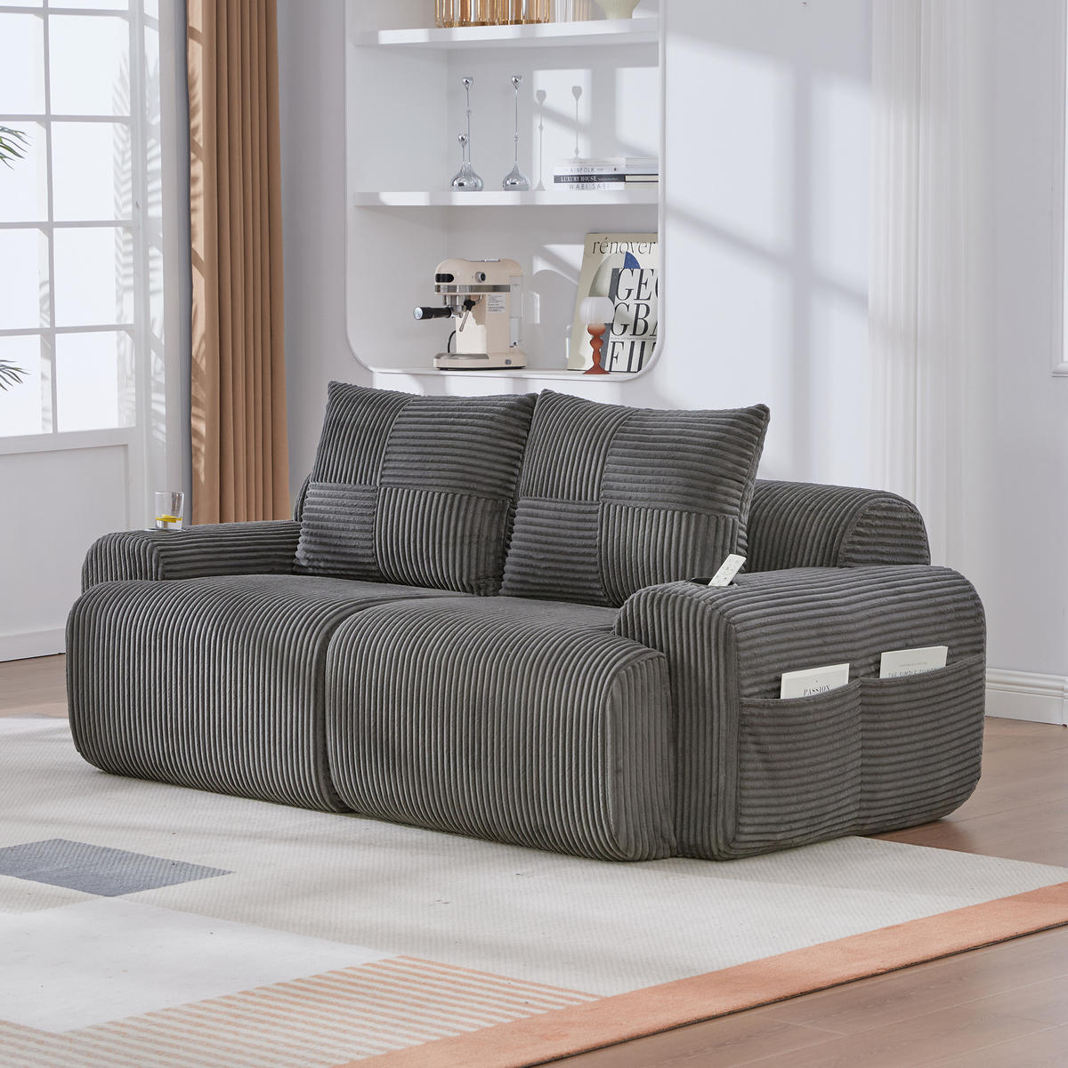 SOFA 2-Sitzer mit Cupholder 200 x 99 cm Cord Dunkelgrau - Dunkelgrau, Kunststoff (99/80/200cm) - Meubliv