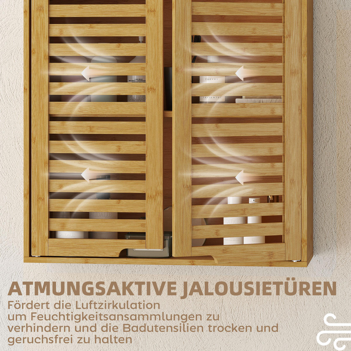 BADEZIMMERSCHRANK Wandschrank aus Bambus mit atmungsaktiven Lamellentüren Natur - Naturfarben, Naturmaterialien (20/60/60cm) - HOMCOM