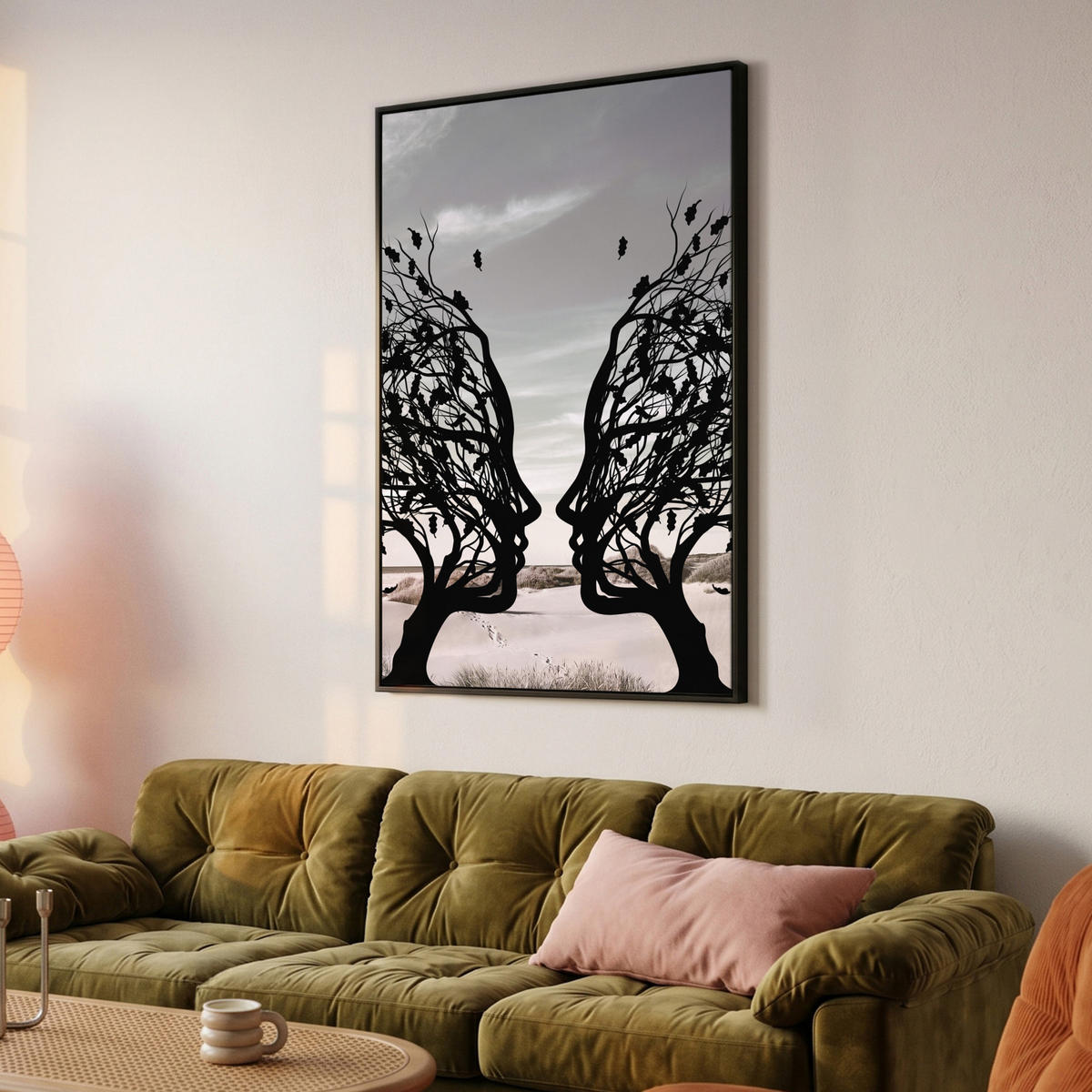 LEINWAND Bilder mit Rahmen - Strand - Meer - Menschen - Baum - Moderne Kunst - 80x120 - Hellgrau, Textil (80/120cm) - MuchoWow