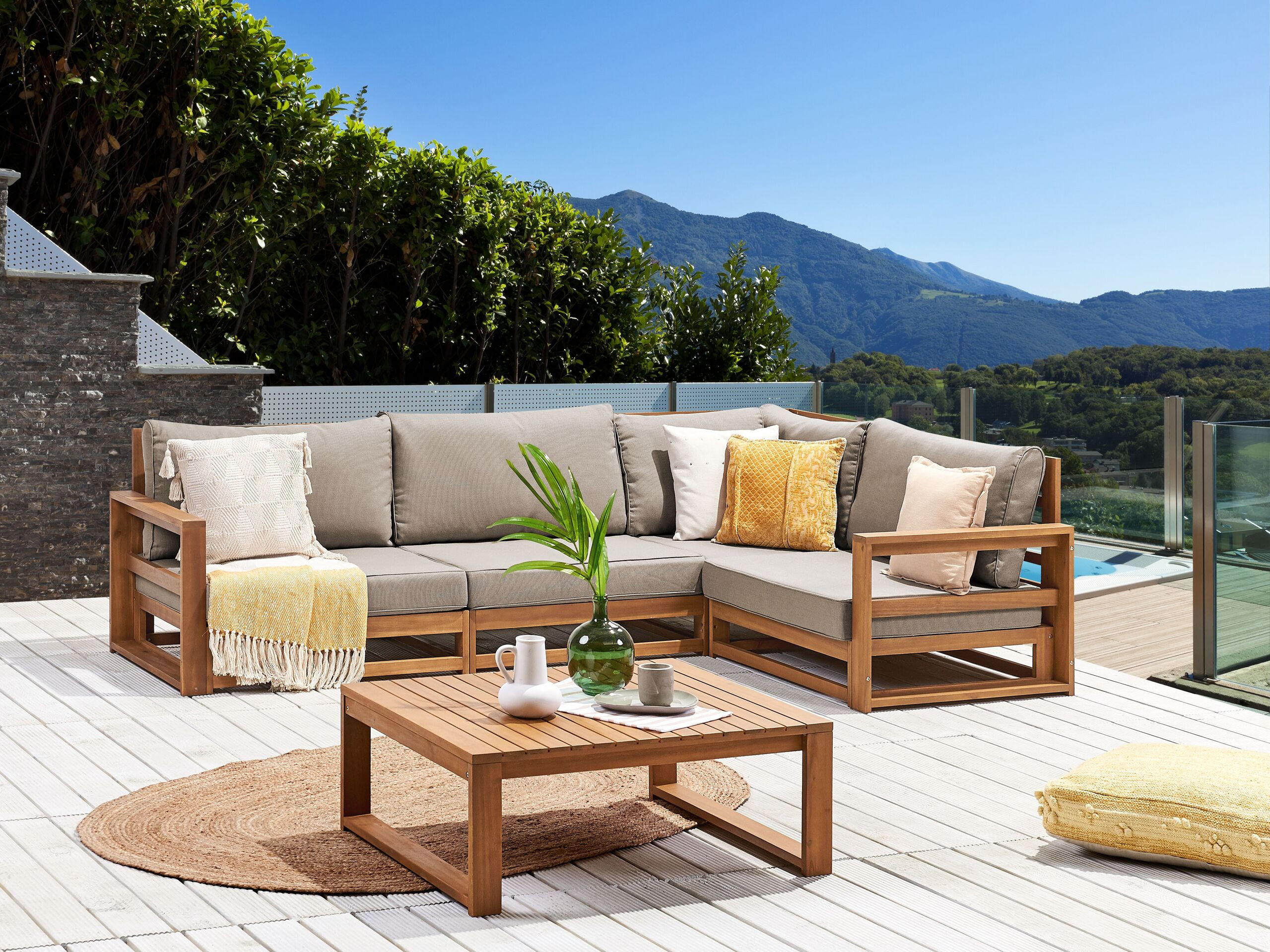 LOUNGE-SET 4-Sitzer zertifiziertes Holz hellbraun rechtsseitig modular Auflagen taupe Timor II - Hellbraun, Holz - Beliani