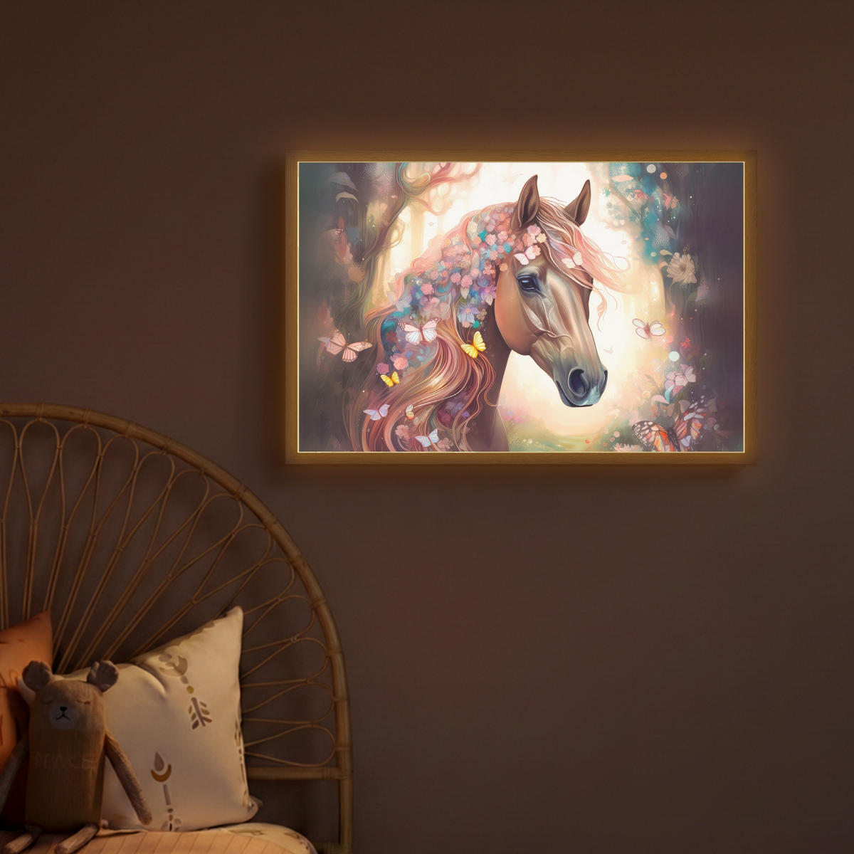 NÁSTĚNNÁ LAMPA S AKUMULÁTOREM Kůň - Příroda - Květiny - Motýli - Les 60x40 cm - tmavě hnědá, kompozitní dřevo (60/40/8cm) - OnlyWow