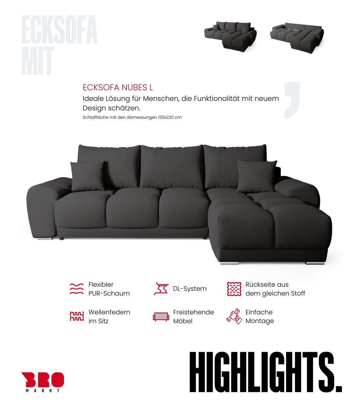 ECKSOFA Nubes mit Schlaffunktion Graphite - Anthrazit/Silberfarben, Kunststoff/Textil (290/180cm) - Bromarkt