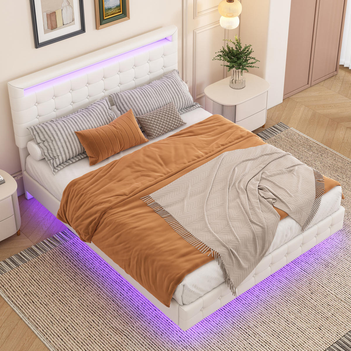 POLSTERBETT 140/200 cm Weiß mit LED-Umgebungslicht und höhenverstellbarem Kopfteil Ohne Matratze - Weiß, Leder (140/200cm) - OKWISH