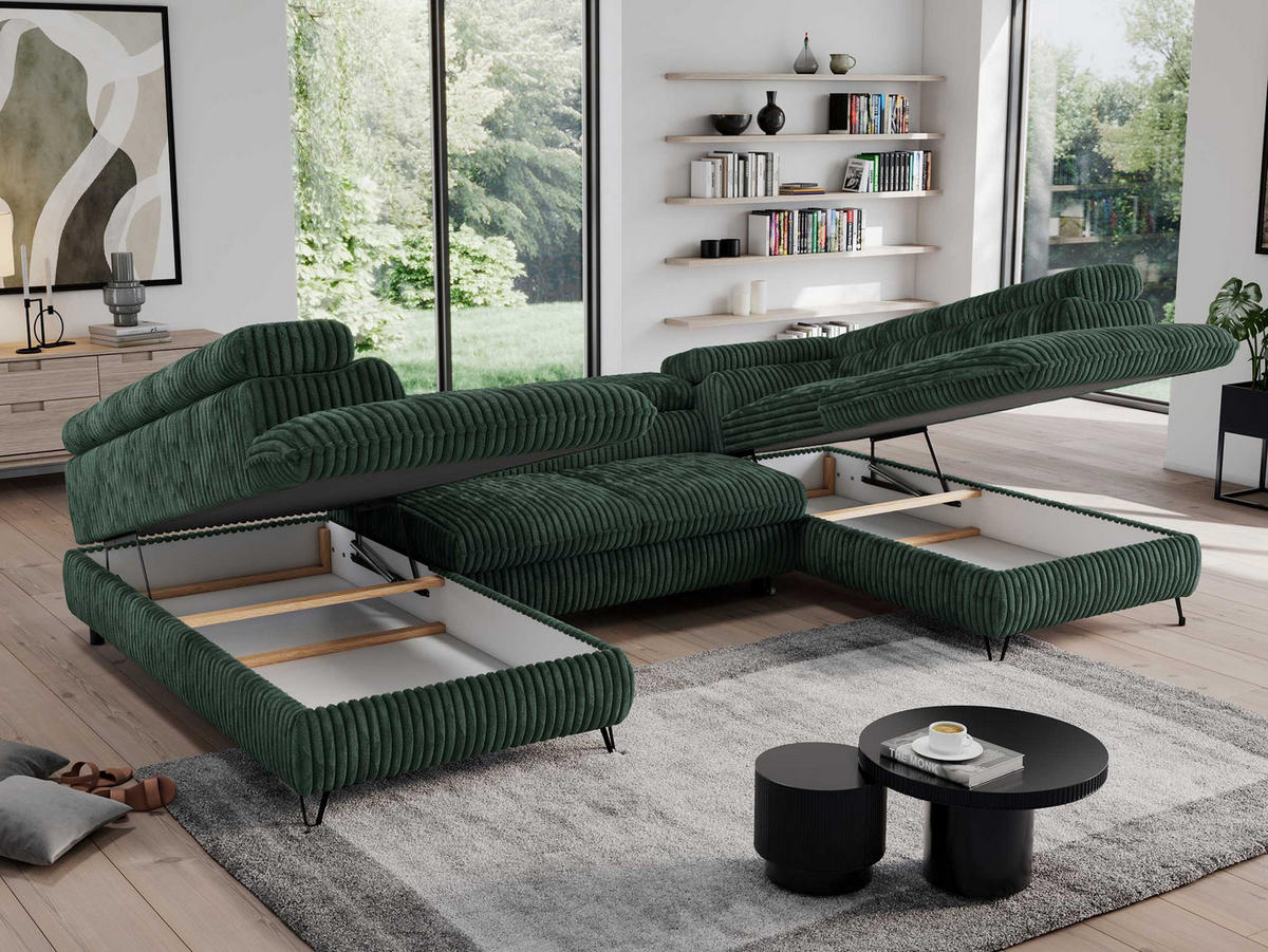 WOHNLANDSCHAFT PEDRO U Cord Grün - Schwarz/Grün, Textil/Metall (346/76/208cm) - MKS