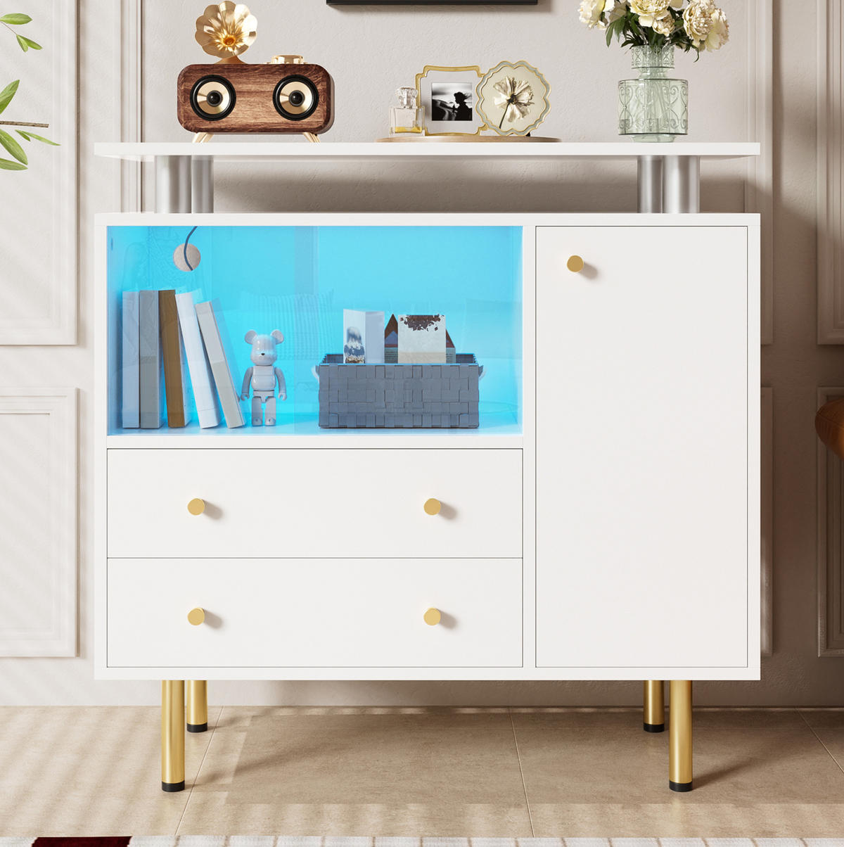 SIDEBOARD 80/35/80 cm Weiß aus Glas und Spanplatte mit LED - Weiß, Glas (80/80/35cm) - OKWISH