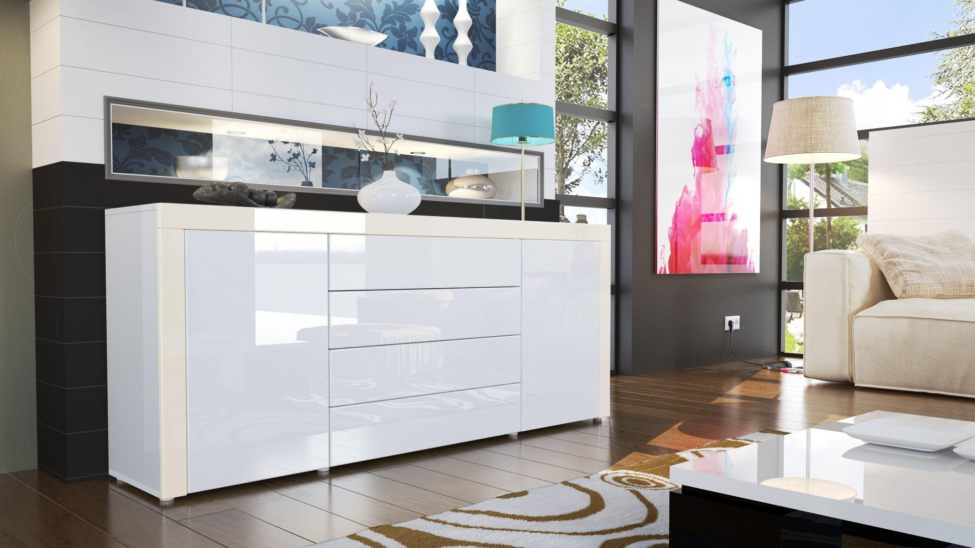 SIDEBOARD La Paz Weiß Hochglanz / Creme Hochglanz - Weiß Hochglanz, Holzwerkstoff (167/72/35cm) - Vladon