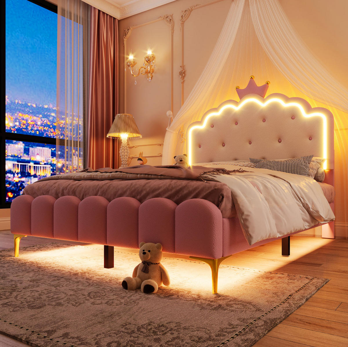 POLSTERBETT 140/200 cm Rosa mit LED-Beleuchtung im Prinzessinnen-Design - Rosa, Kunststoff (140/200cm) - Flora Grace