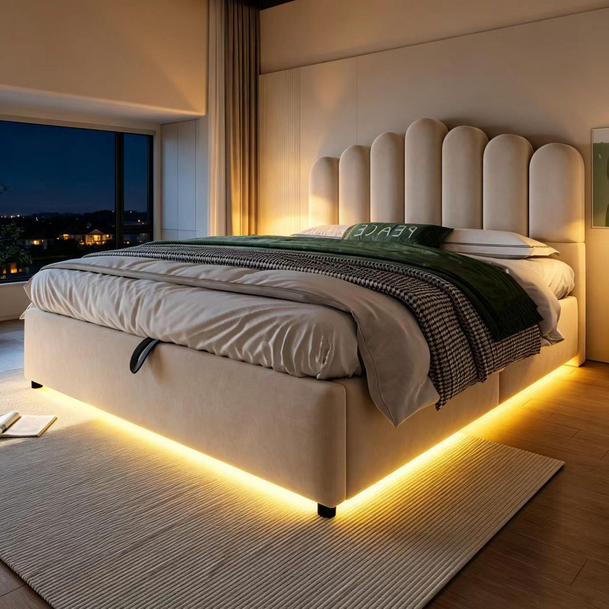 POLSTERBETT 140/200 cm in Beige mit Bettkasten, LED und gepolstertem Kopfteil aus Samt - Beige, Holzwerkstoff/Textil (140/200cm) - STILVORA