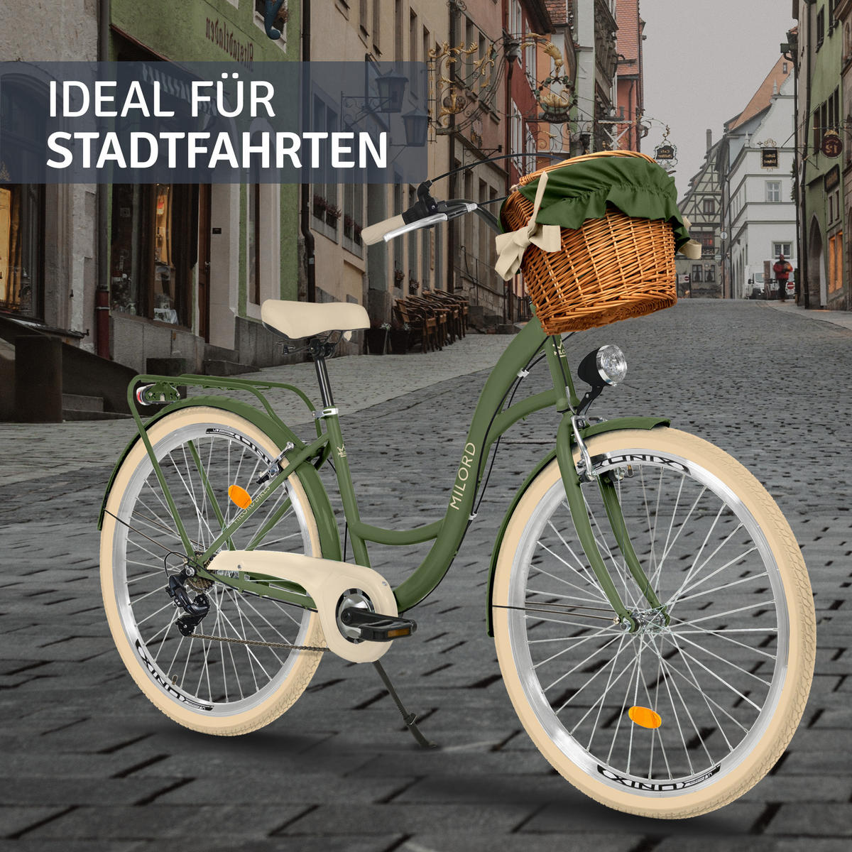 CITY-FAHRRAD Milord mit Weidenkorb, 28 Zoll, Khaki, 7-Gang - Grün, Metall (46cm) - Milordbikes