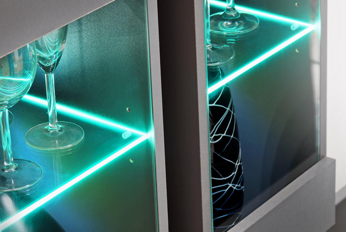 WOHNWAND Eiche Hickory, schwarz 4-teilig 175 cm, Schrankwand mit LED-Beleuchtung - Eichefarben/Schwarz, Glas/Holzwerkstoff (175/150/37cm) - Inn.Furn