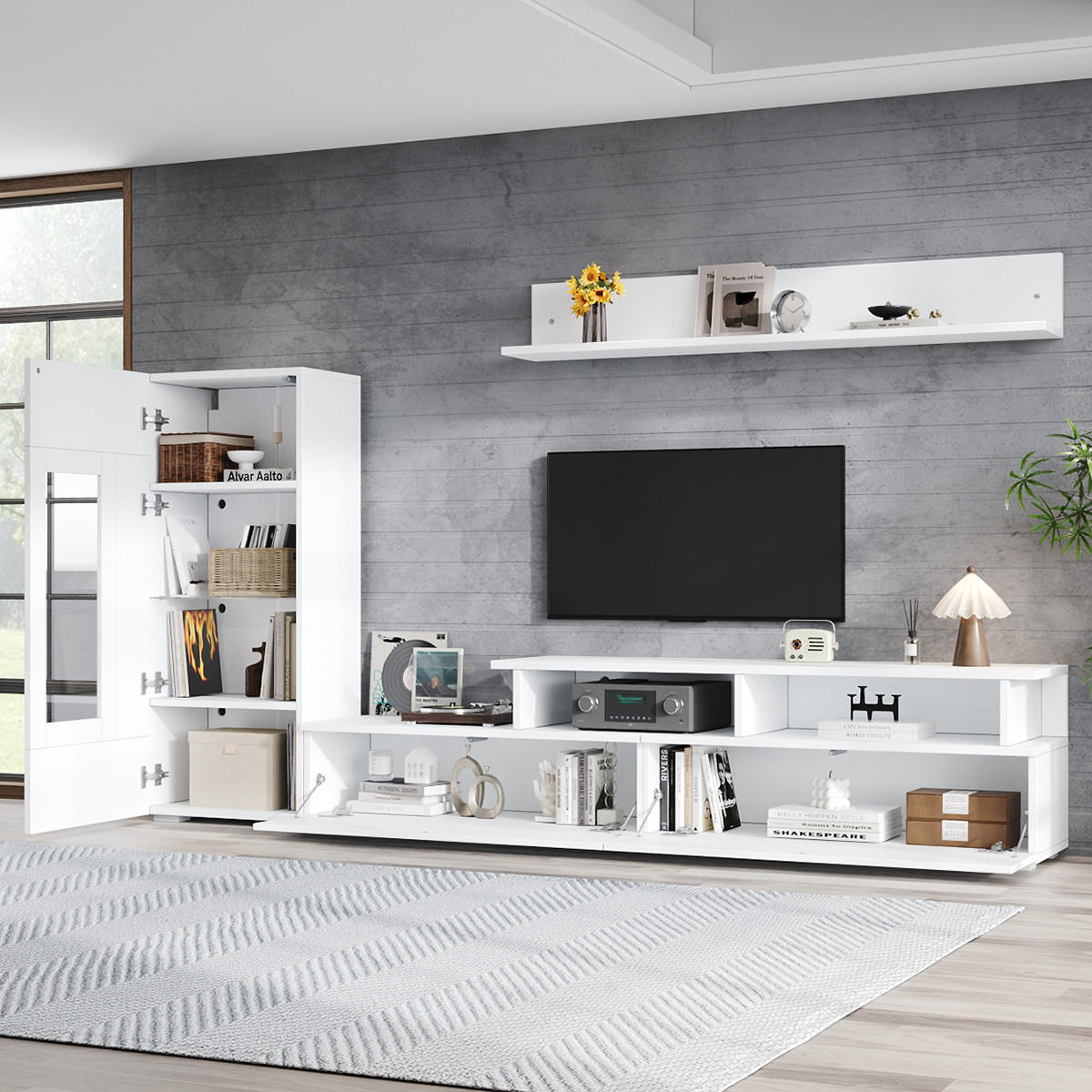 TV-WOHNWAND Weiß 3-teilig, LED-Beleuchtung, Hochglanz, 170/35/45 cm - Weiß, Holzwerkstoff (170/45/35cm) - PANGIVO