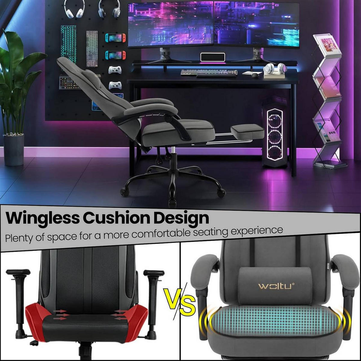 GAMINGSTUHL Drehstuhl, Tech-Stoff, Grau - Schwarz/Grau, Kunststoff/Textil (63.5/117.5/60cm) - Woltu