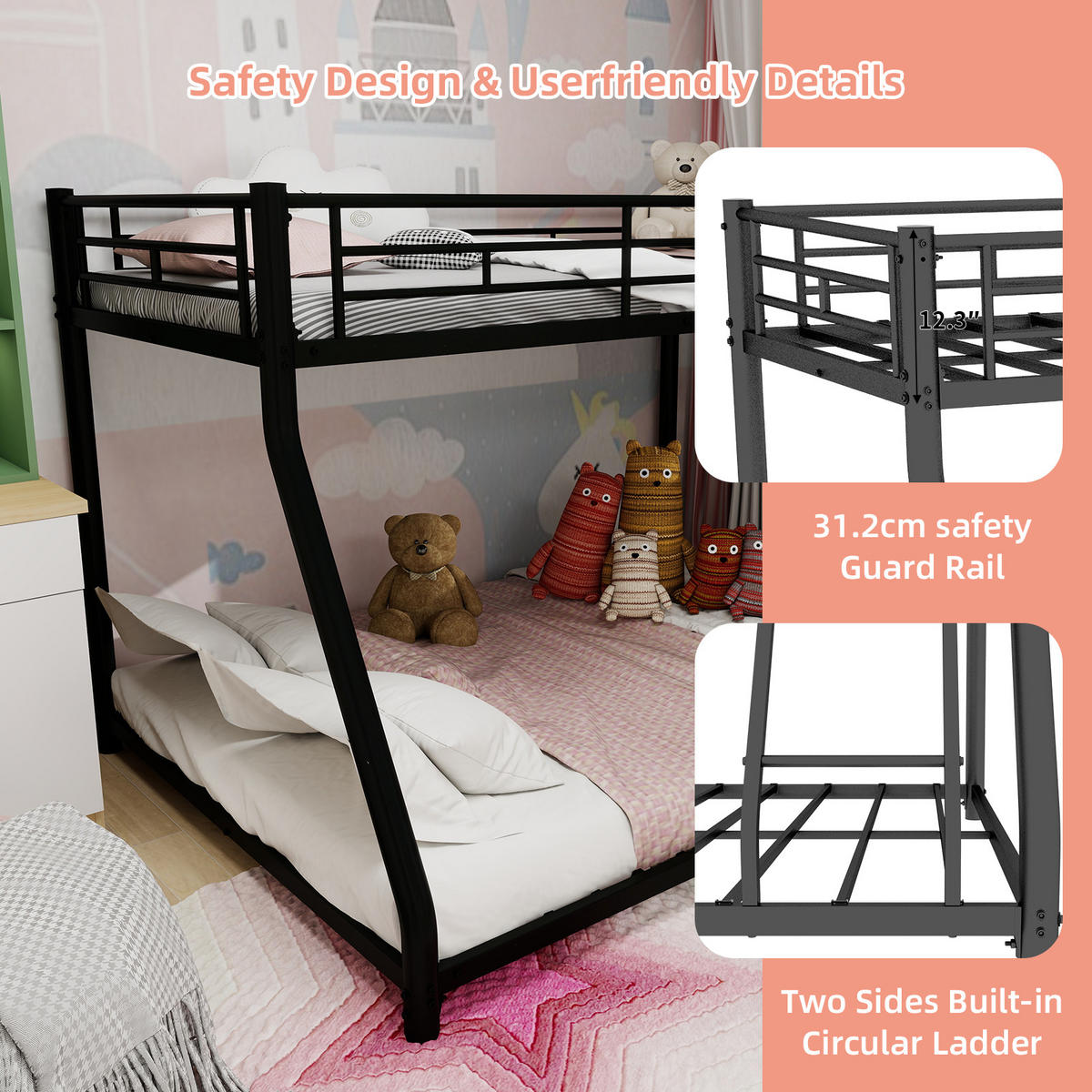 ETAGENBETT Metall Twin Full Leiter - Schwarz, Metall - LEBENLANG