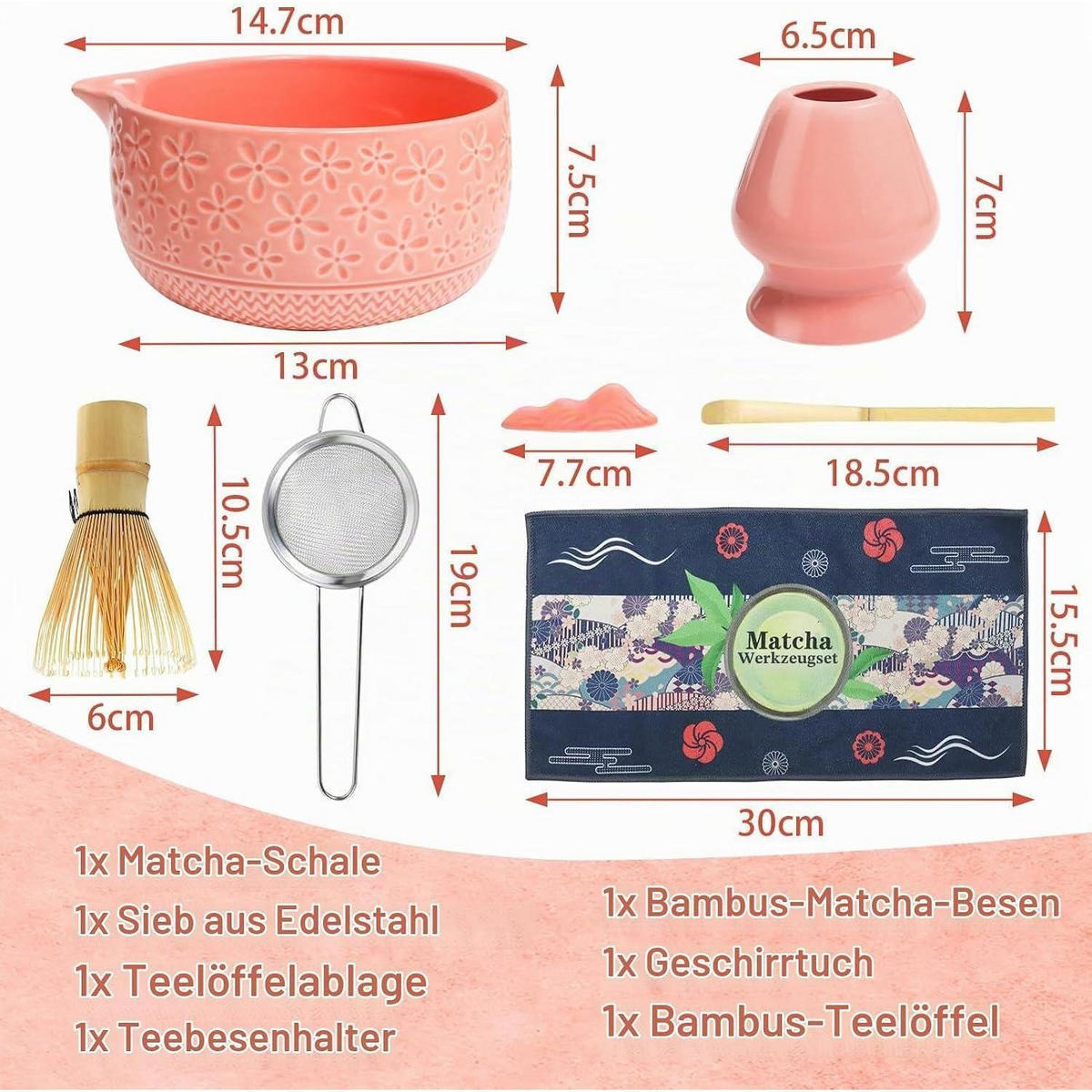 MATCHA Set 7-teiliges Set Keramikschale Bambusbesen Edelstahlsieb Rosa - Rosa, Keramik (14.7/13/19cm)