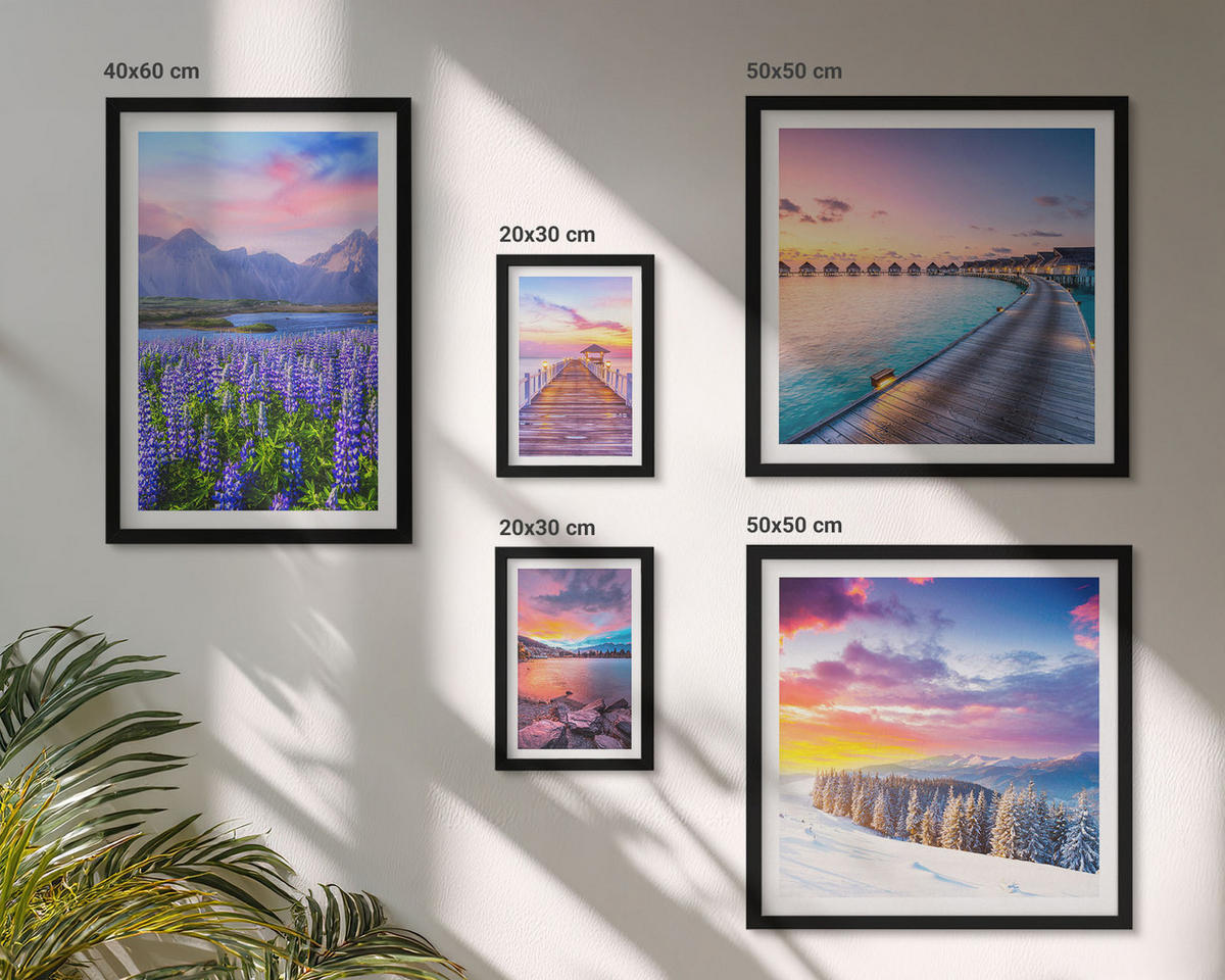 BILDER SET 5er Set - 50x50 cm & 20x30 cm & 40x60 cm Schwarzer Rahmen - Winterlandschaft des Pierbergs - Schwarz, Kunststoff (40/60cm) - TULUP