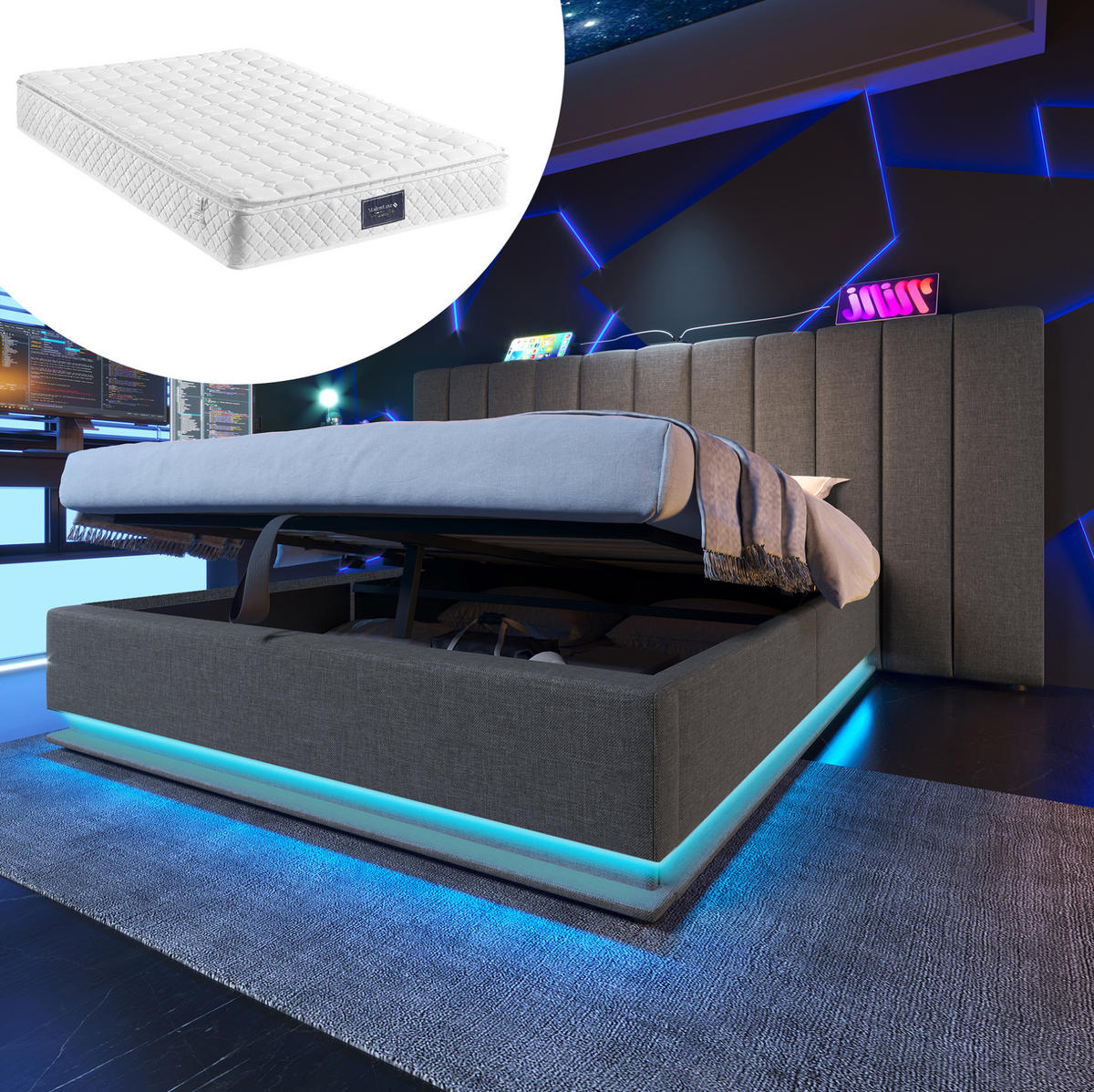 POLSTERBETT aus Leinen 160x200 cm in Grau mit LED & Matratze - Grau, Textil (160/200cm) - Modfu