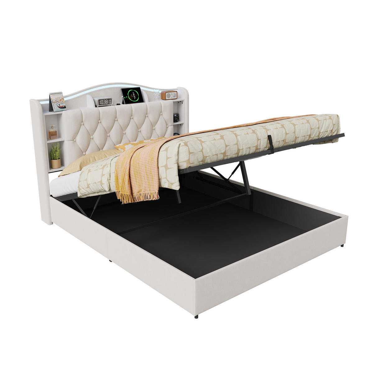 POLSTERBETT 140x200 cm mit Bettkasten, LED & USB, Doppelbett mit Kopfteil Stauraum und kabellosem Laden, Beige - Beige, Metall (140/200cm) - EuroLiving