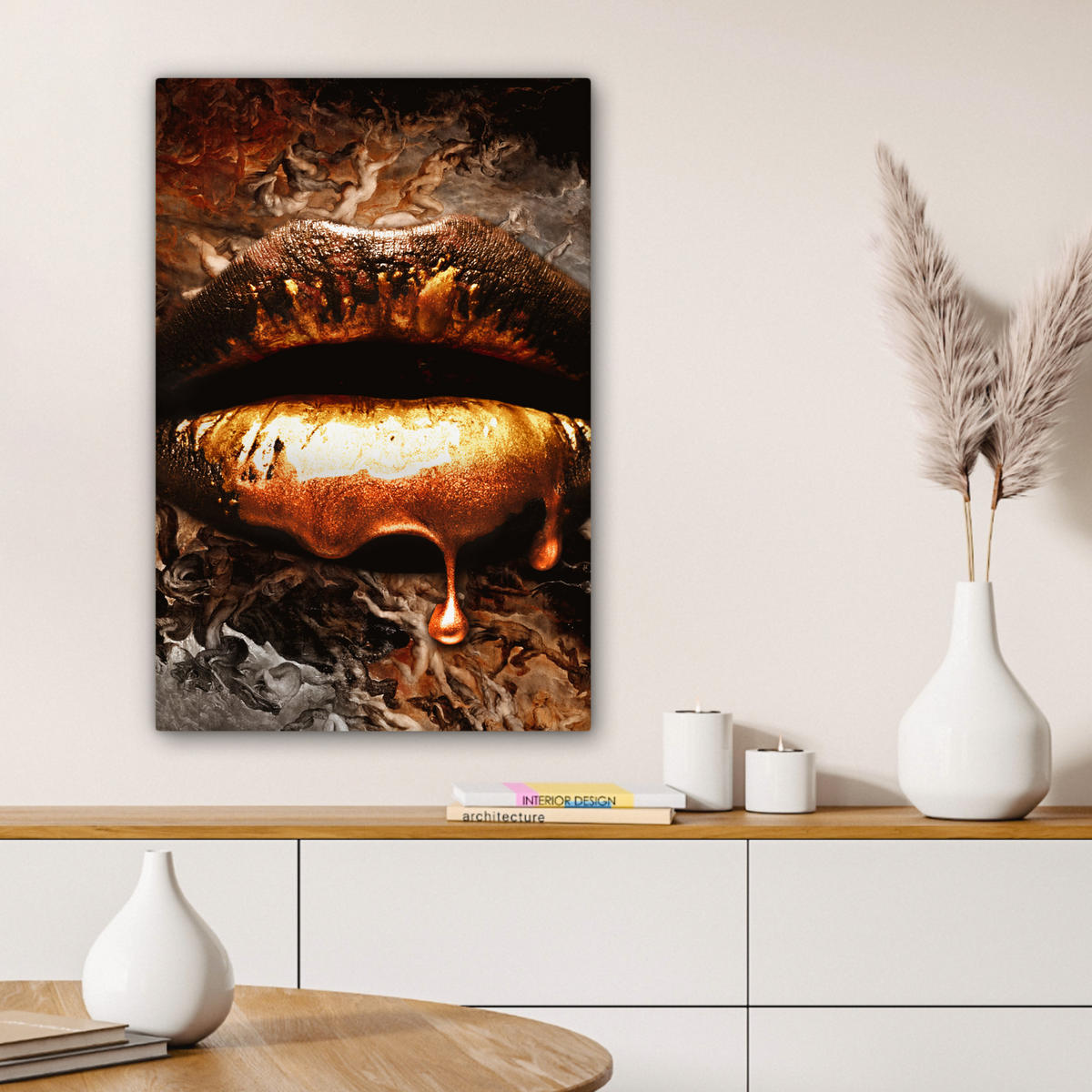 LEINWANDBILD Gold - Lippen - Kunst - Gold - Luxus - Abstrakt Wanddeko Schlafzimmer 60x90 cm - Kupferfarben, Textil (60/90cm) - MuchoWow