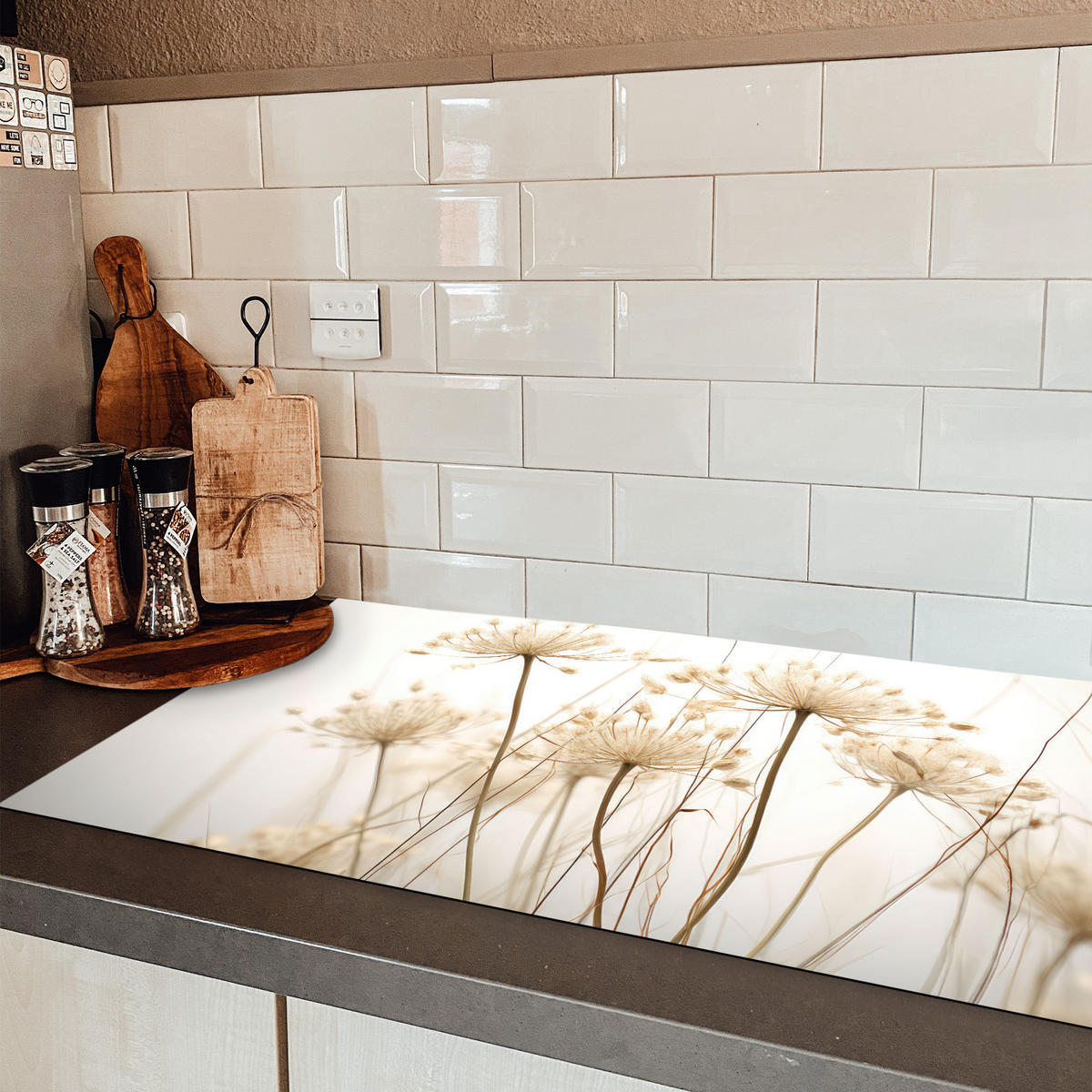 HERDABDECKPLATTE Blumen - Weiß - Sonnenlicht Induktionsschutz 89.6x51.6 cm - Ecru, Kunststoff (89.6/51.6/0.2cm) - MuchoWow