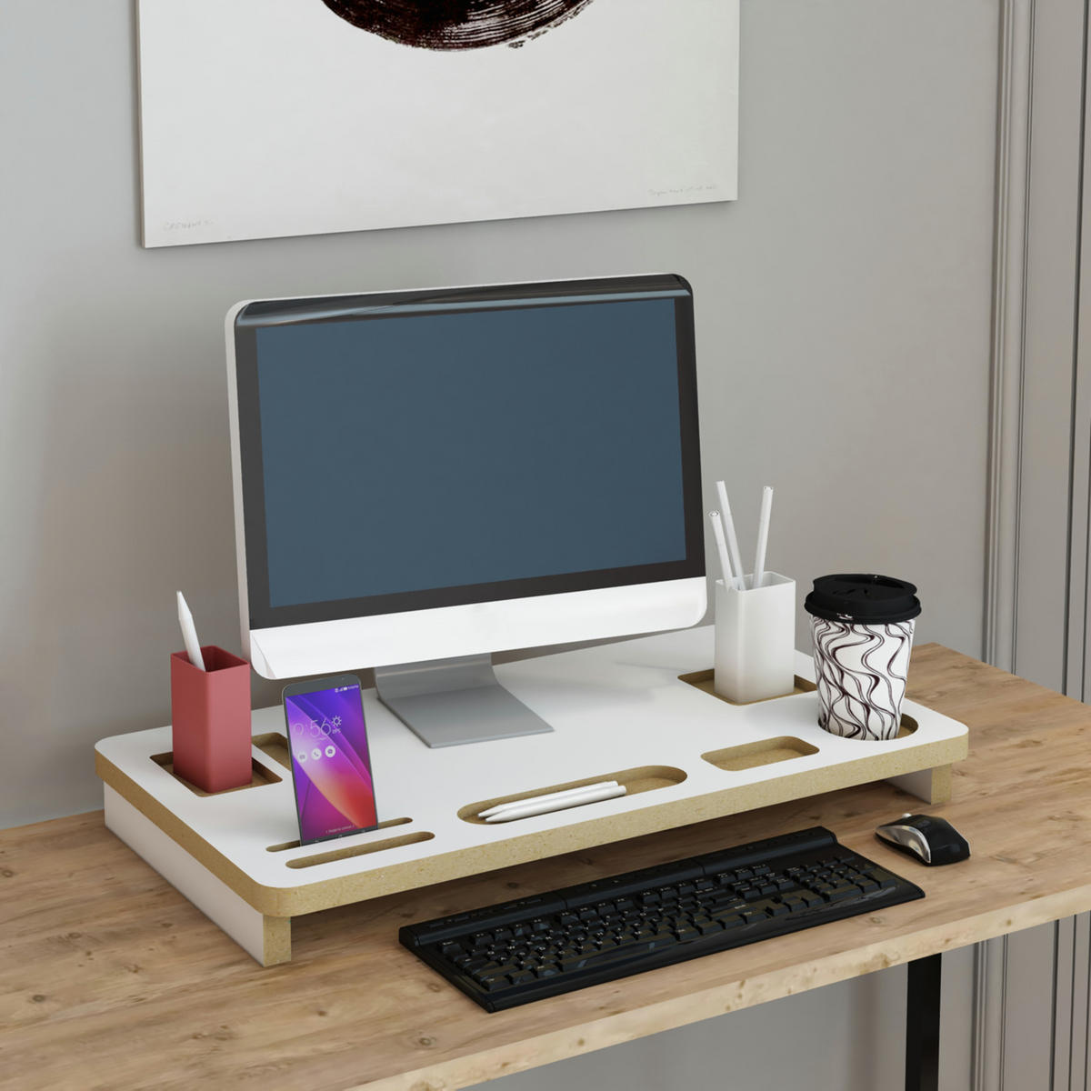 MONITORSTÄNDER Tjele - Weiß/Braun, Holzwerkstoff (30/54/7cm) - [en.casa]